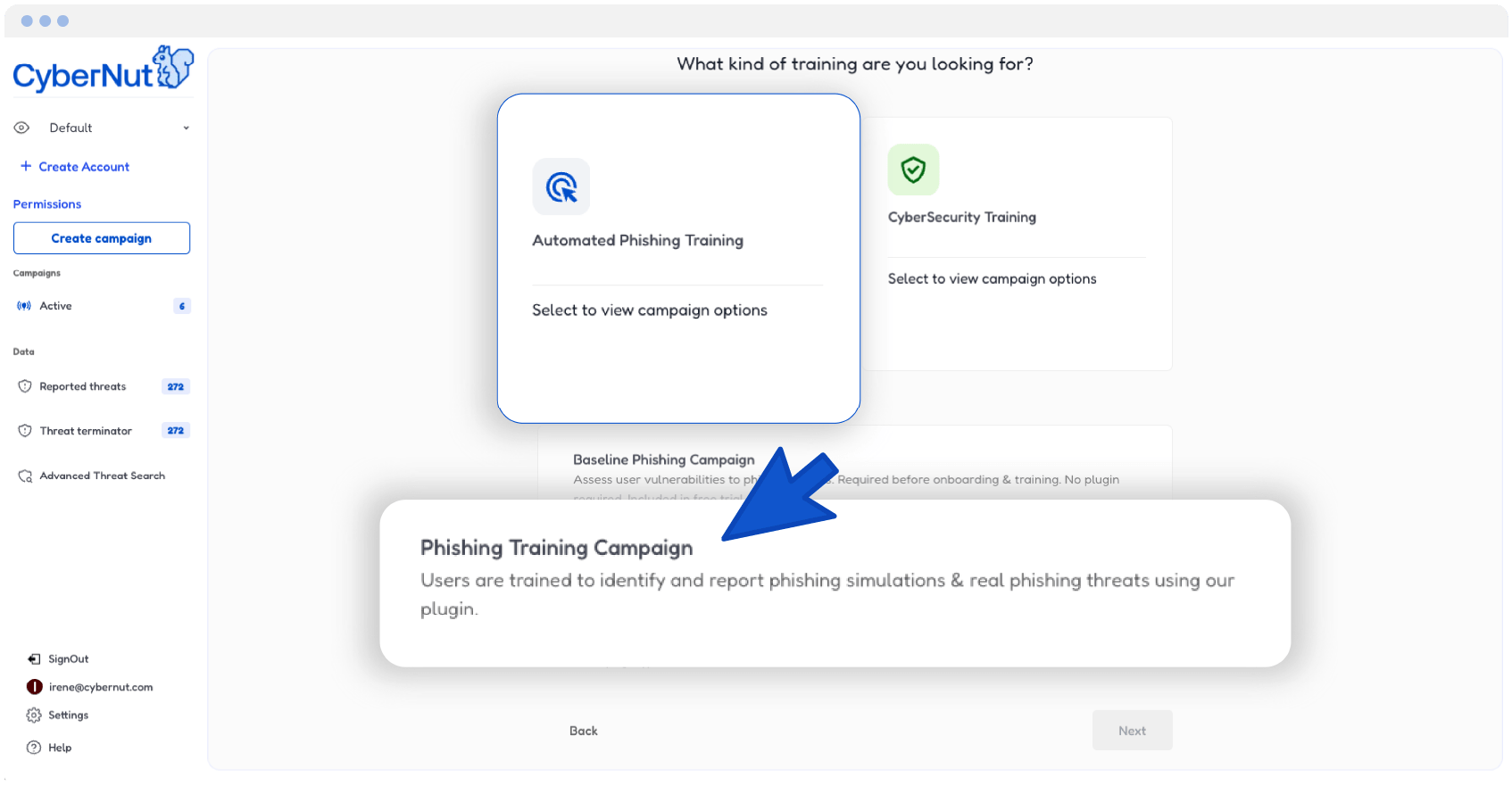 CyberNut interface showing options for Automated Phishing and CyberSecurity training campaigns.