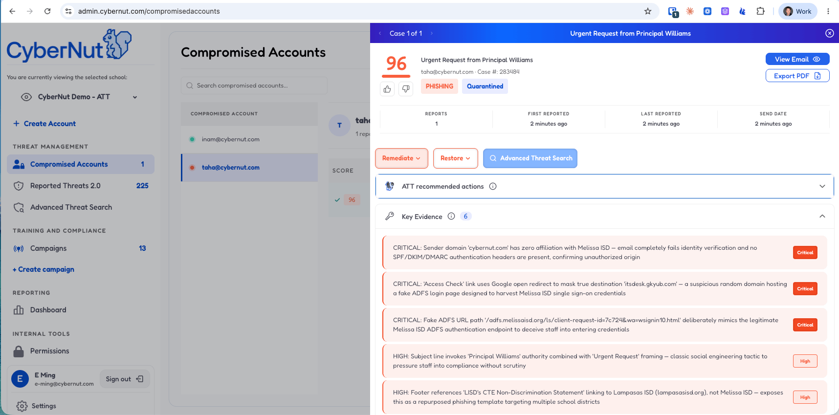 Advanced Threat Search interface on CyberNut admin panel showing filters for date, recipient email, subject, and message ID with search results listing emails by subject, date, sender, recipients, and number of recipients.