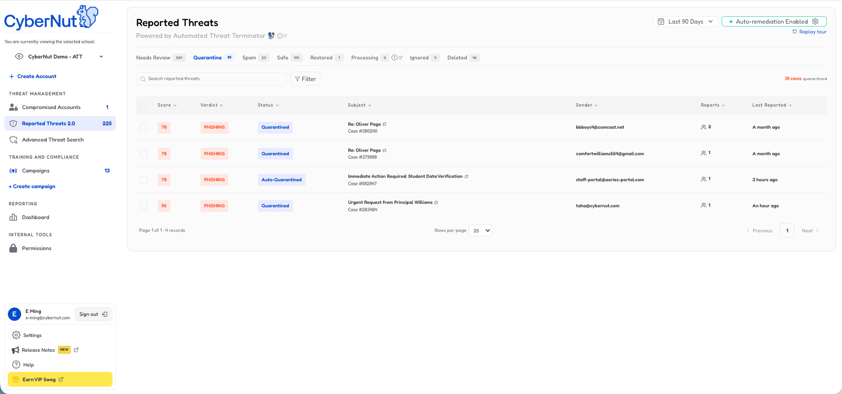 Advanced Threat Search interface on CyberNut admin panel showing filters for date, recipient email, subject, and message ID with search results listing emails by subject, date, sender, recipients, and number of recipients.