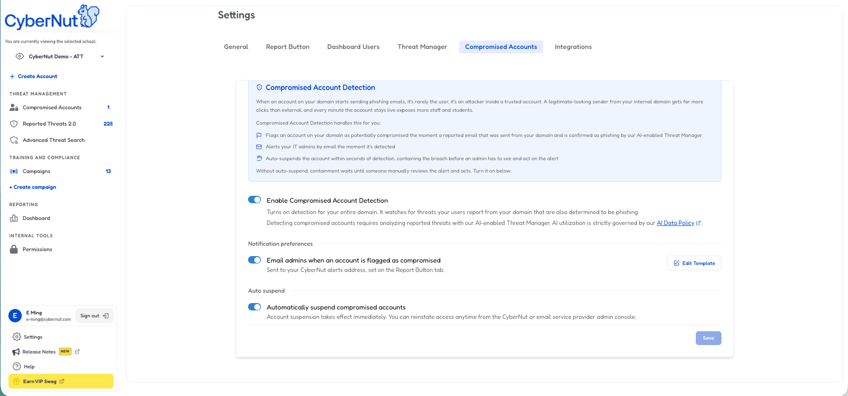 Advanced Threat Search interface on CyberNut admin panel showing filters for date, recipient email, subject, and message ID with search results listing emails by subject, date, sender, recipients, and number of recipients.