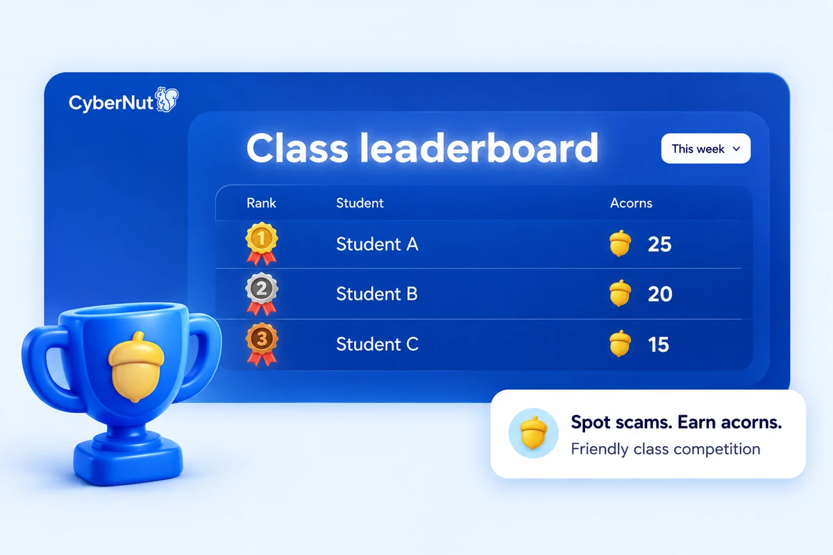 The CyberNut class leaderboard ranking students by acorns earned for spotting scams