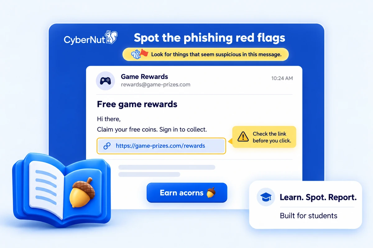 A CyberNut student lesson asking students to spot the phishing red flags in a fake game rewards email