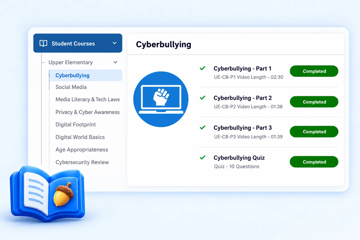 Upper elementary student courses, from cyberbullying and social media to digital footprint and privacy, with the cyberbullying lessons completed