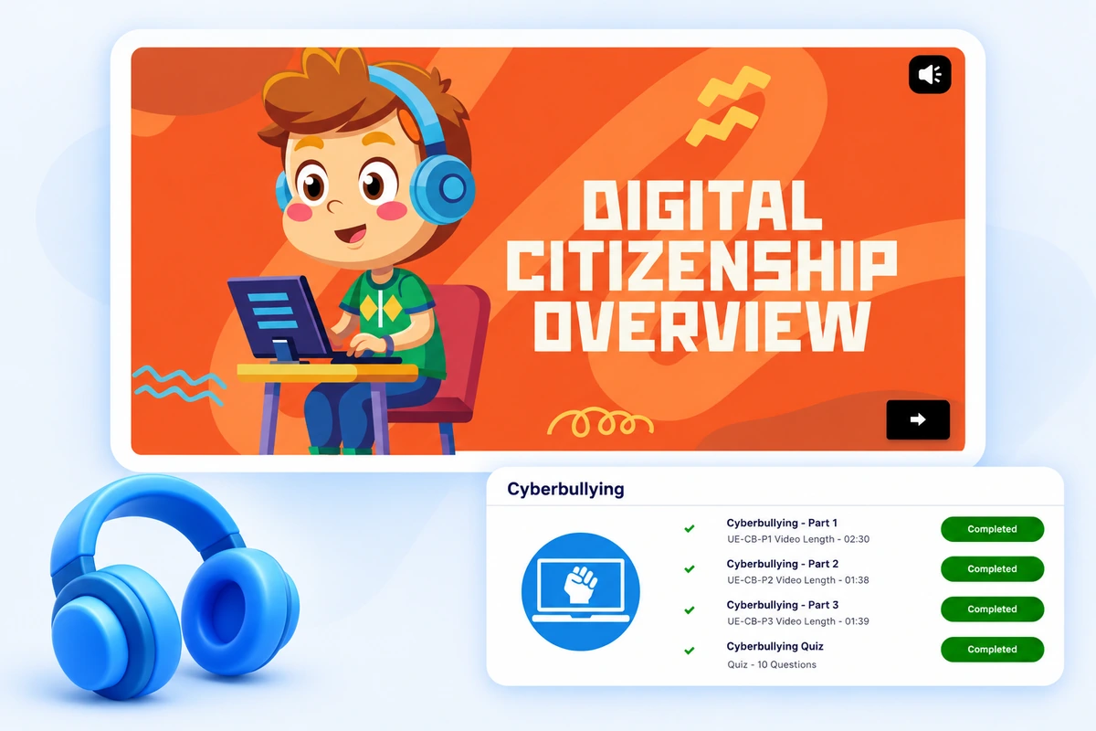 A Digital Citizenship Overview video lesson as a student sees it, with a completed Cyberbullying course of three videos and a quiz