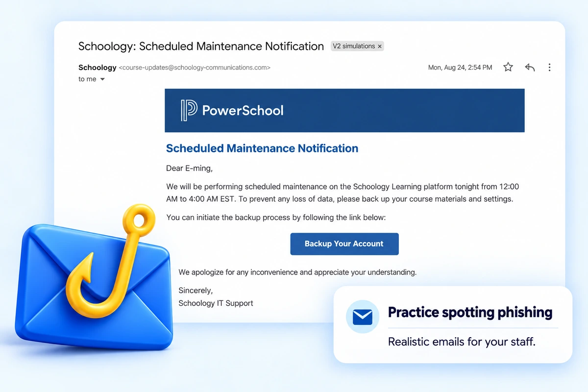 A simulated Schoology maintenance phishing email as a staff member sees it in their inbox