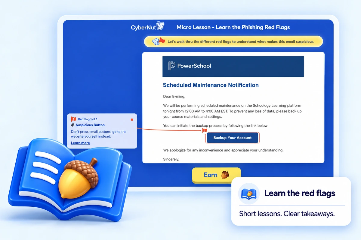 A CyberNut microlesson walking a staff member through the red flags in a simulated phishing email, with the suspicious button highlighted