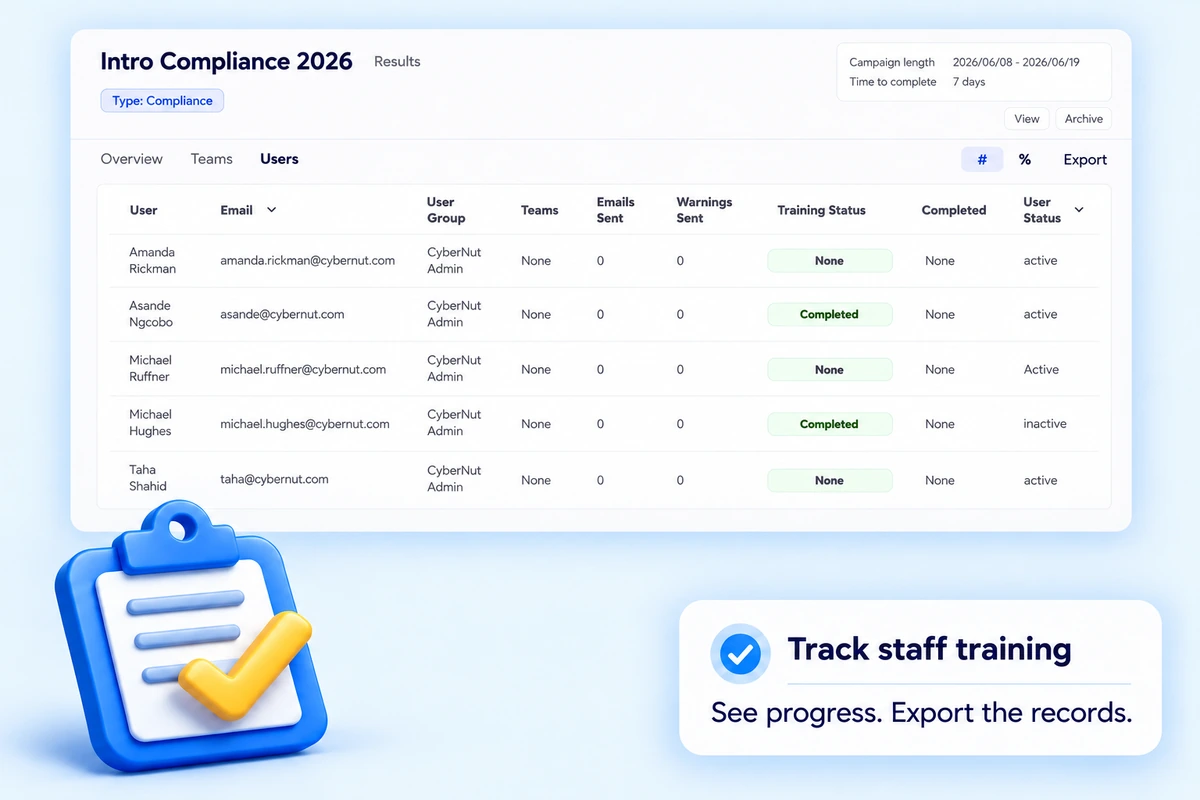 Results for an Intro Compliance 2026 campaign, showing each staff member’s training status, with export
