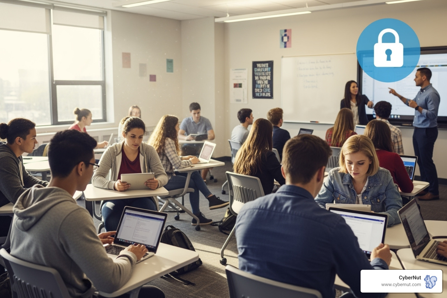 A diverse classroom with digital devices, overlaid with a lock icon - What to Know About the NY SHIELD Act and Its Impact on School Cybersecurity