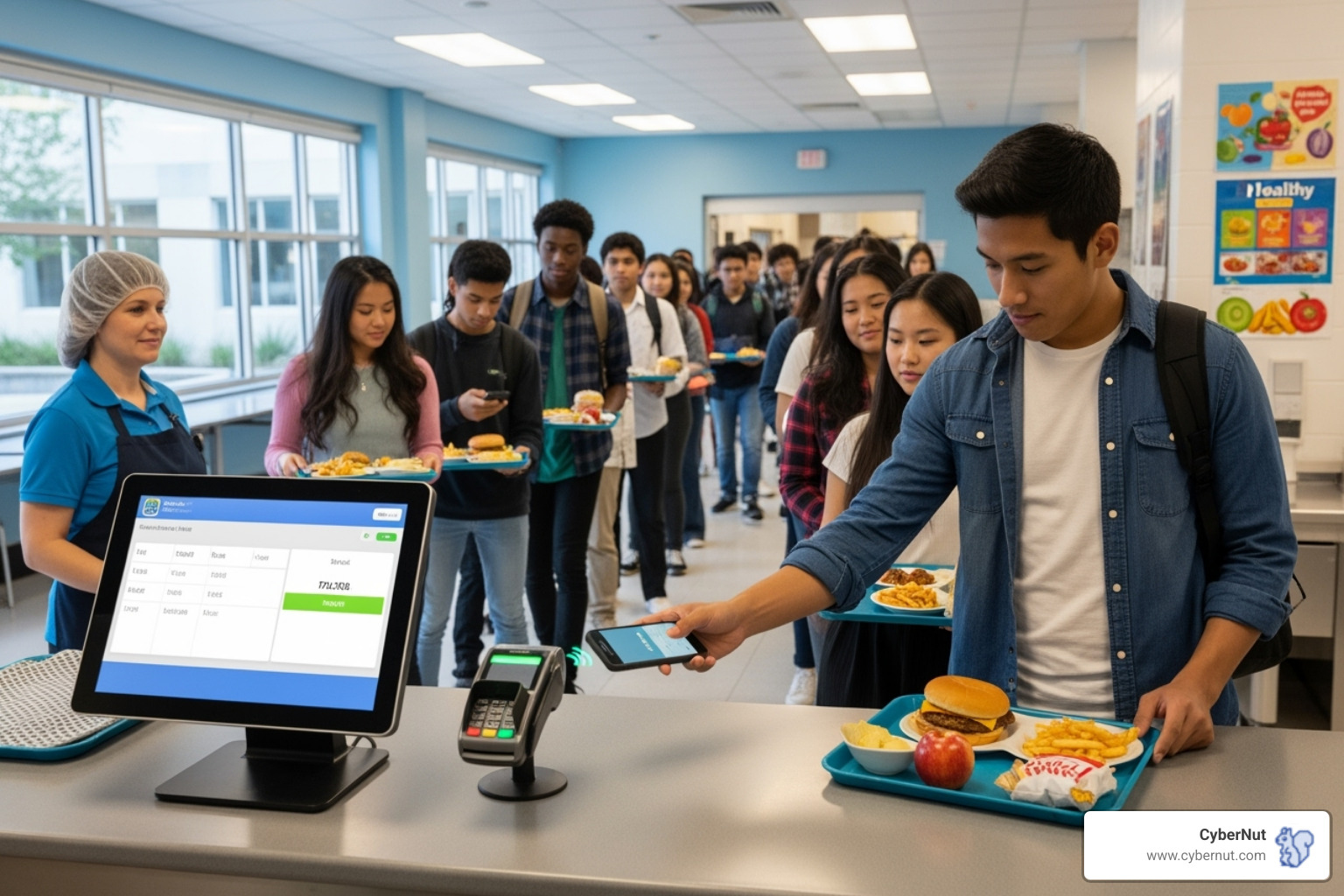 school cafeteria line with a modern payment system - New York's Biometric Ban: What Schools Need to Know About the 2021 K–12 Data Law
