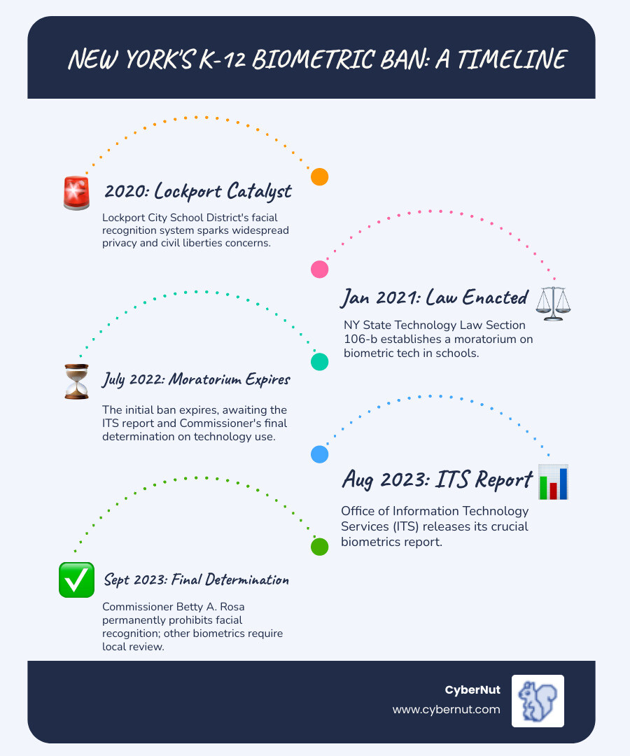 Infographic showing the timeline from 2020 Lockport controversy through 2021 law passage to 2023 Commissioner determination, with key requirements for facial recognition ban versus local decision-making for other biometric technologies - New York’s Biometric Ban: What Schools Need to Know About the 2021 K–12 Data Law infographic infographic-line-5-steps-blues-accent_colors