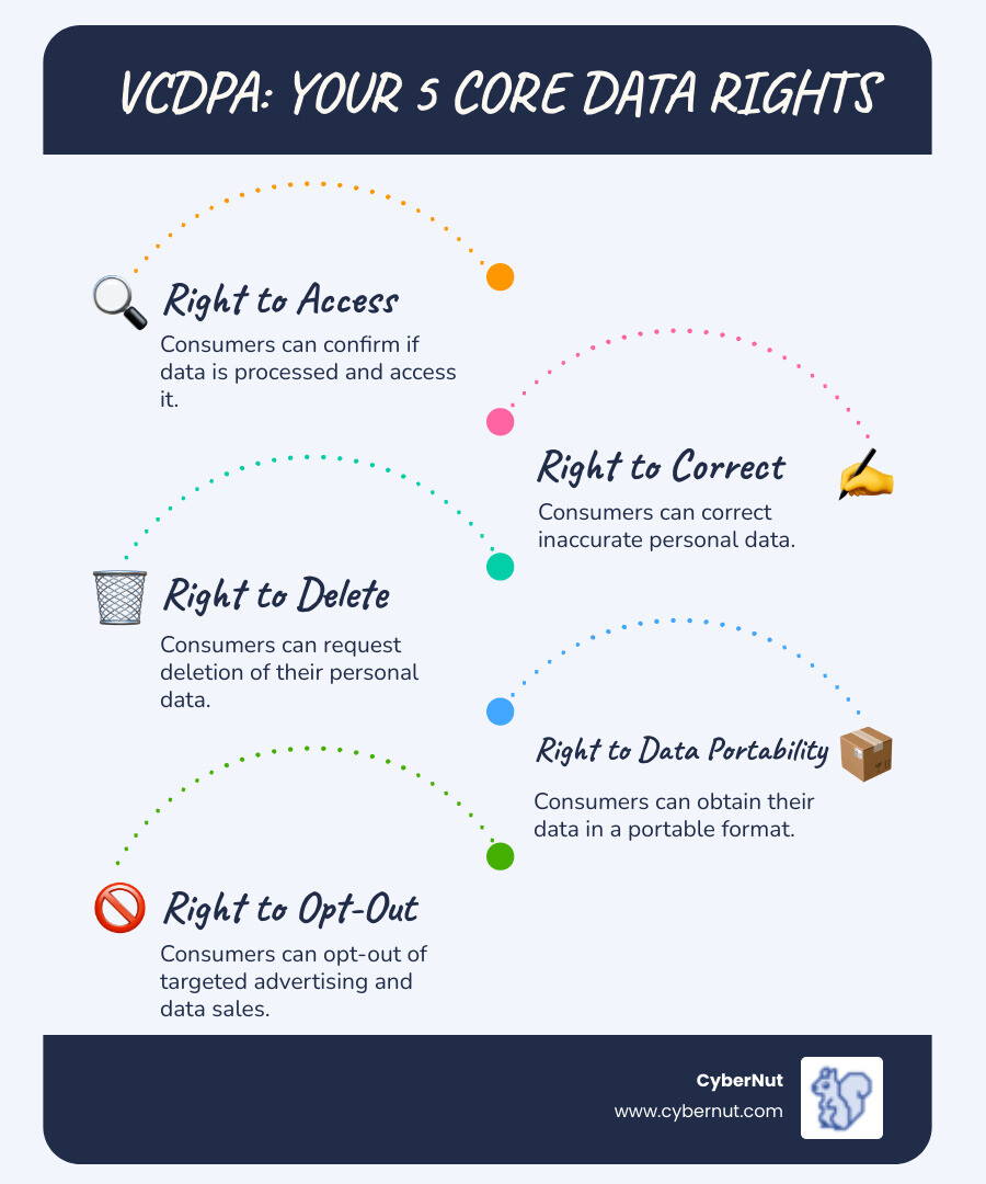 Infographic showing the five consumer rights under VCDPA: right to access personal data, right to correct inaccurate data, right to delete personal data, right to obtain a copy of data in portable format, and right to opt-out of targeted advertising and data sales - All About the Virginia Consumer Data Protection Act for K–12 Districts infographic infographic-line-5-steps-blues-accent_colors