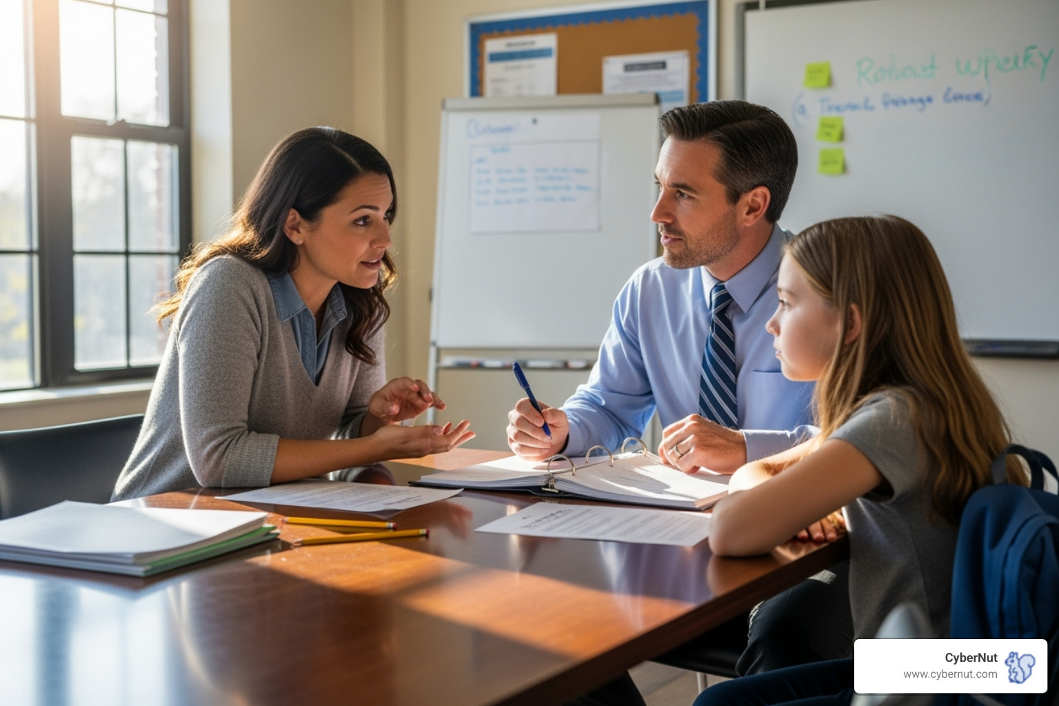 Parent and teacher discussing policy with student - Acceptable Use Policies in Virginia Schools: What You Need to Know in 2025