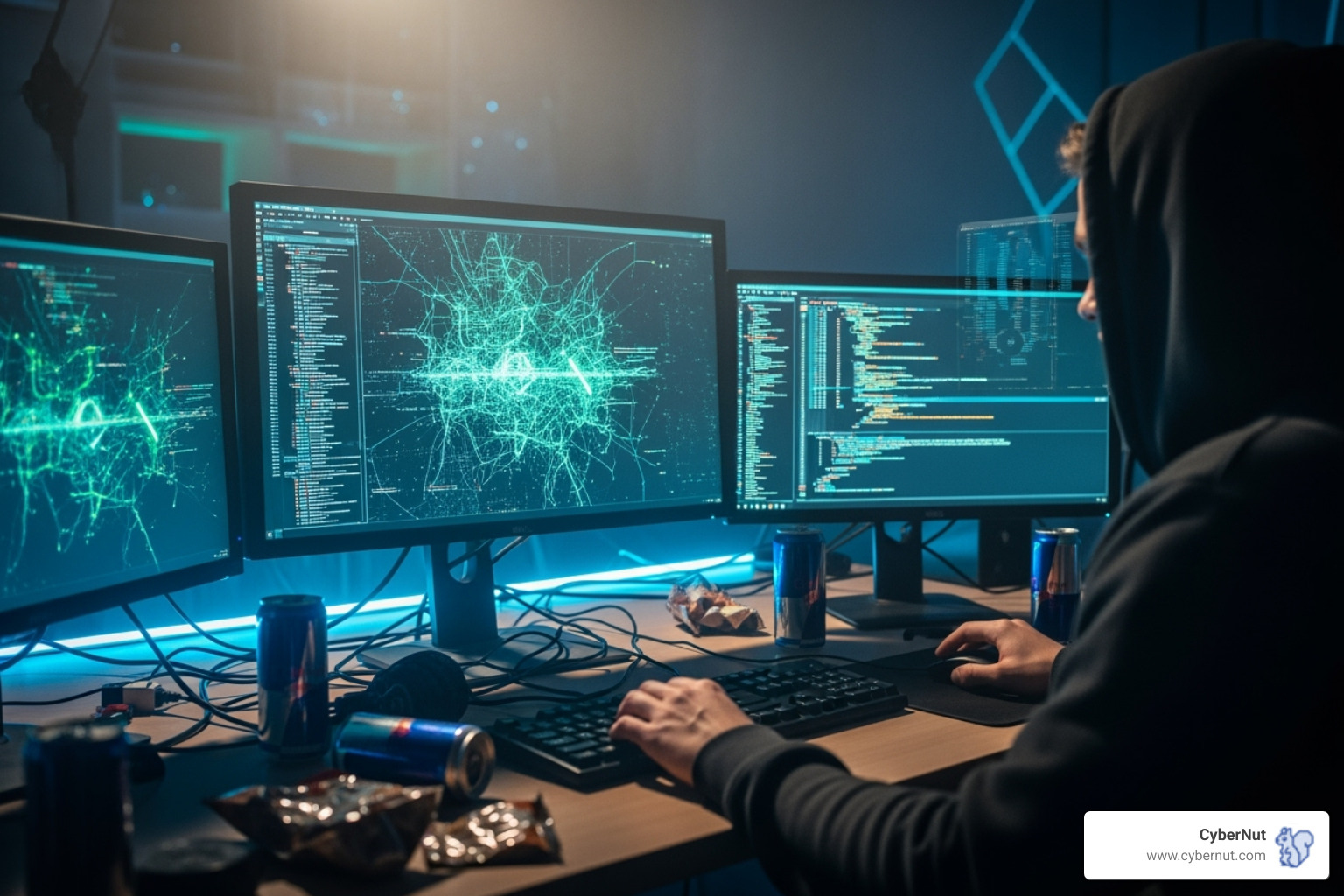 A hacker using a computer with AI-generated code on the screen - Generative AI in the Wrong Hands: How Hackers Target K–12 Districts