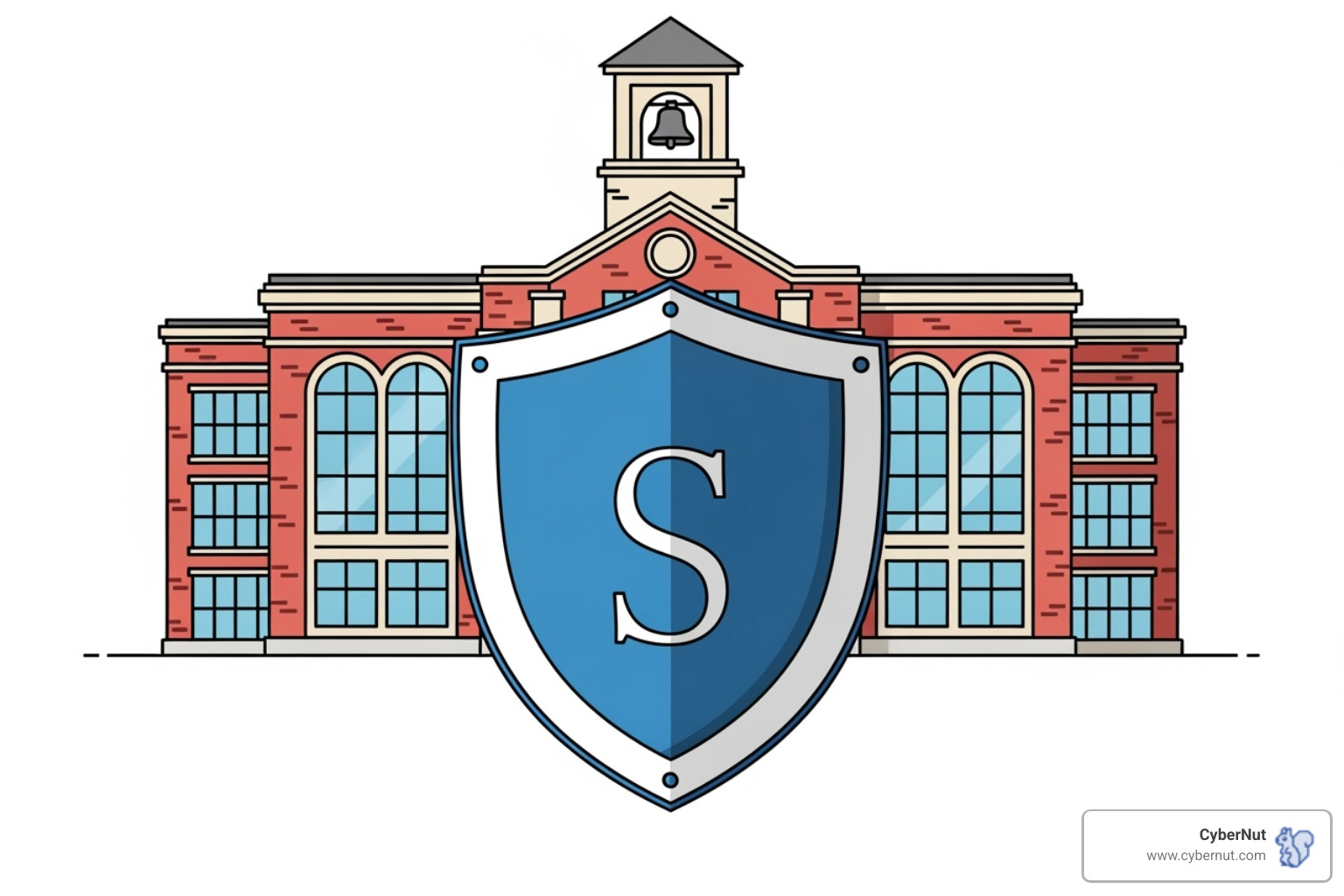 Shield icon protecting a school building - Preparing Teachers and Staff for AI-Powered Phishing in Schools