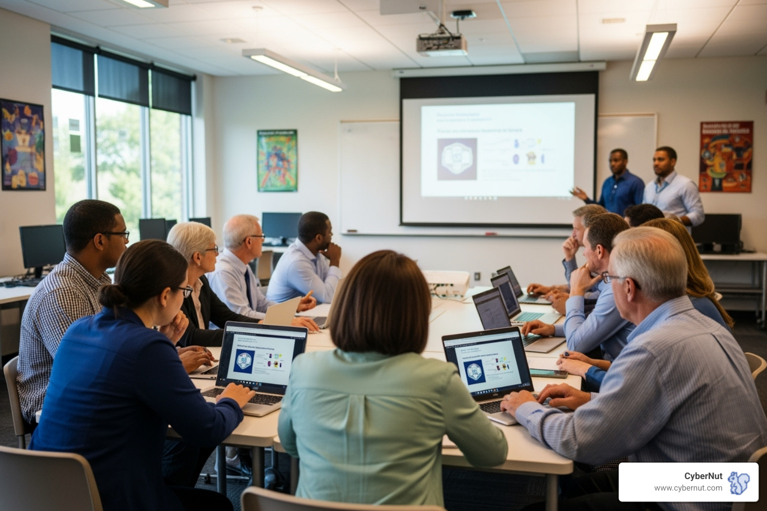 Diverse group of school staff participating in a cybersecurity training session - Preparing Teachers and Staff for AI-Powered Phishing in Schools