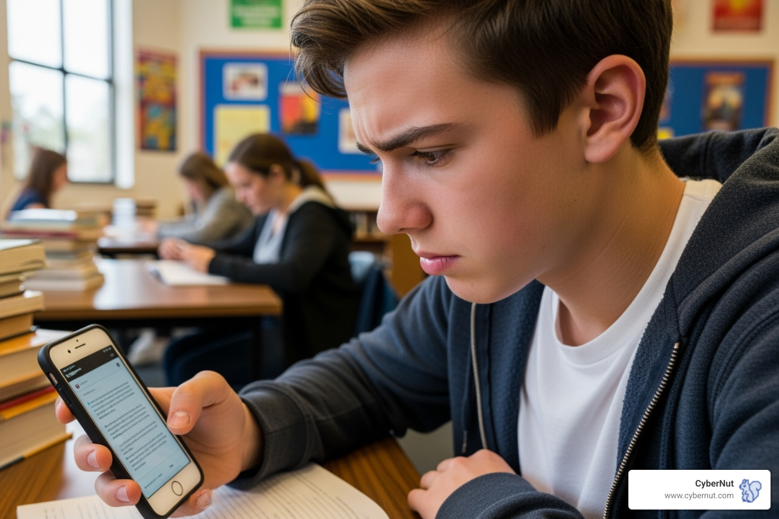 Stressed student looking at phone - Deepfake Principals and Synthetic Students: The Next Wave of School Cyber Threats