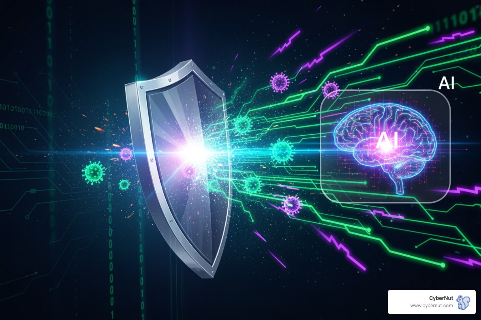 Digital illustration showing a shield deflecting malicious code generated by an AI brain icon - From Essays to Exploits: What AI Means for Cybersecurity in the Classroom
