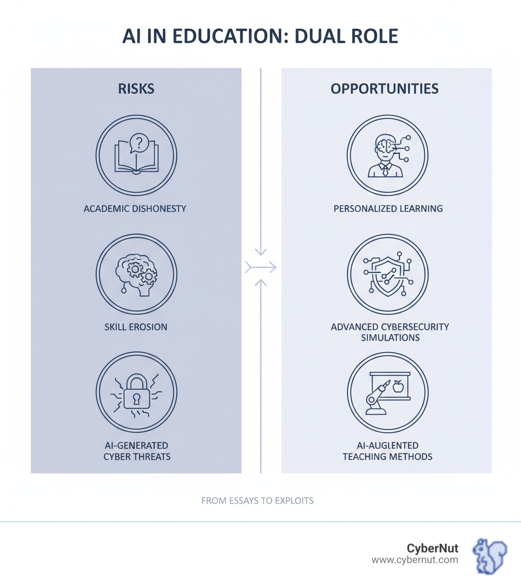 Infographic showing AI's dual role in education: on the left side showing risks like academic dishonesty, skill erosion, and AI-generated cyber threats; on the right side showing opportunities like personalized learning, advanced cybersecurity simulations, and AI-augmented teaching methods - From Essays to Exploits: What AI Means for Cybersecurity in the Classroom infographic 