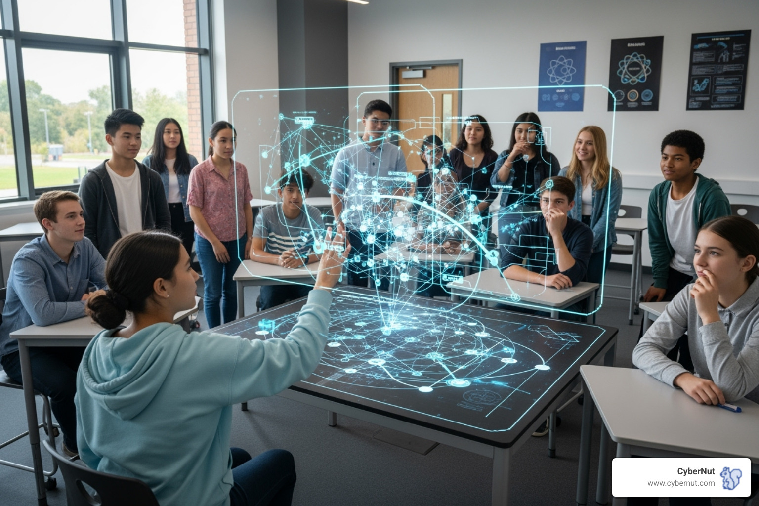 Students in a modern classroom interacting with a large holographic display showing a network diagram - From Essays to Exploits: What AI Means for Cybersecurity in the Classroom