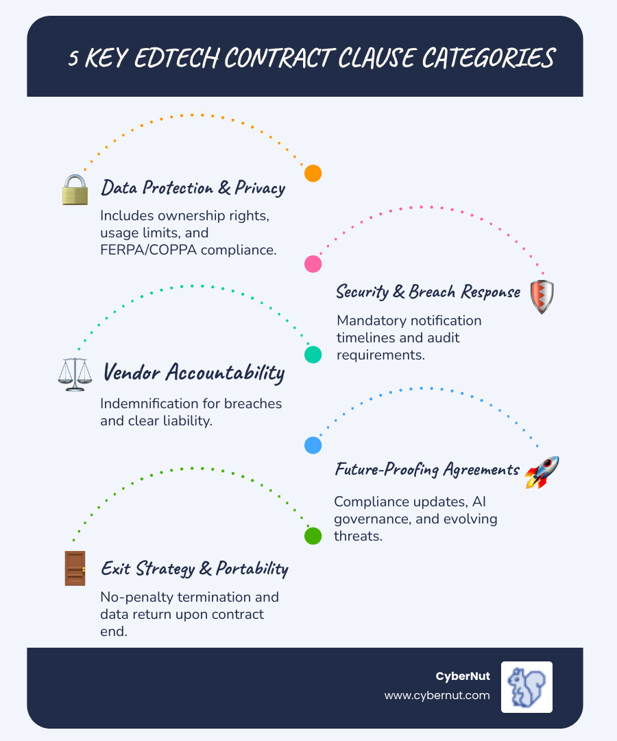 Infographic showing the five key categories of EdTech contract clauses: Data Protection and Privacy (including ownership rights and FERPA compliance), Security and Breach Response (including notification timelines and audit requirements), Vendor Accountability (including liability and indemnification), Future-Proofing (including compliance updates and AI governance), and Exit Strategy (including termination rights and data portability) - Contract Clauses Every School Should Demand in EdTech Agreements infographic infographic-line-5-steps-blues-accent_colors