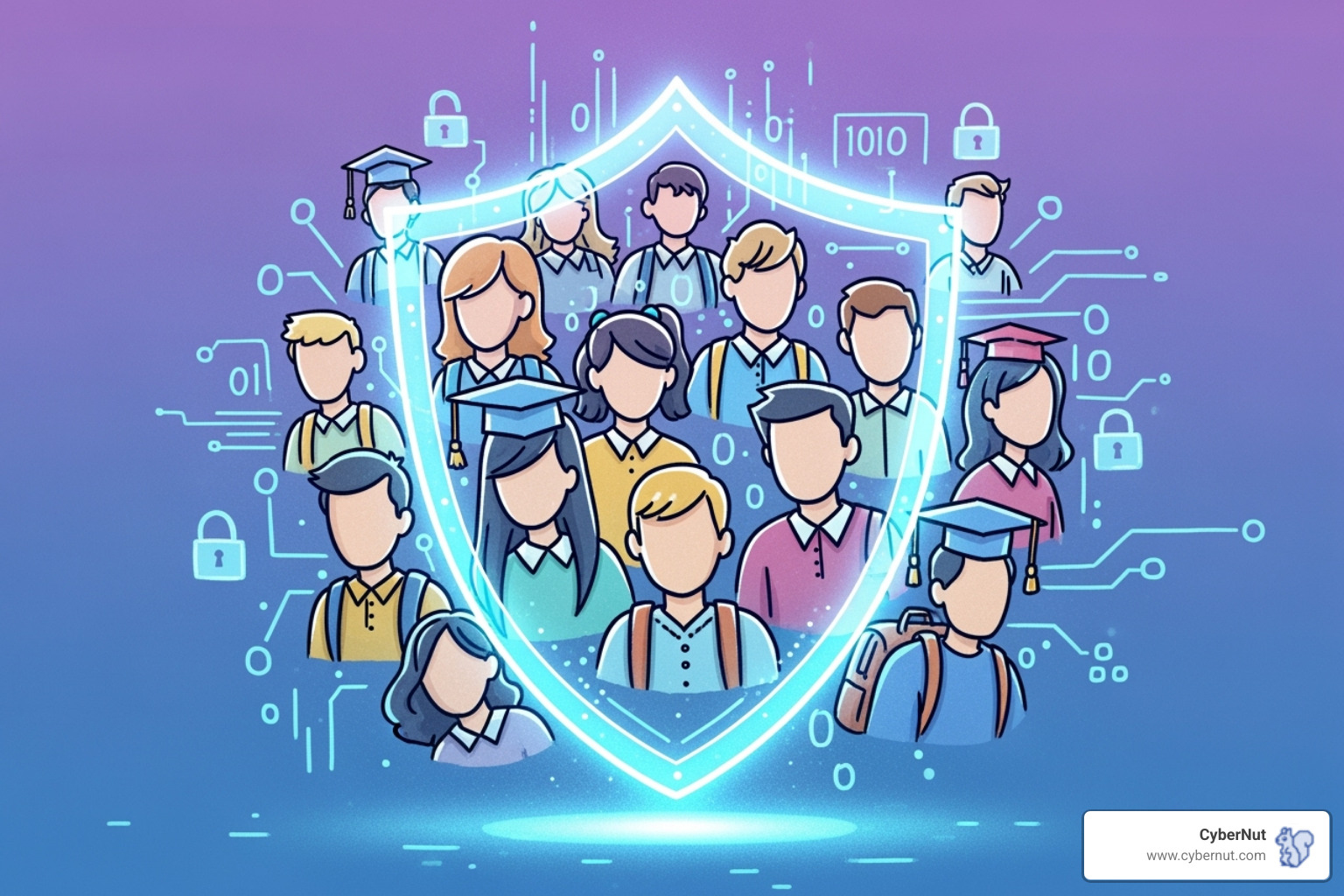 A digital shield protecting student icons, symbolizing data privacy and security - Contract Clauses Every School Should Demand in EdTech Agreements