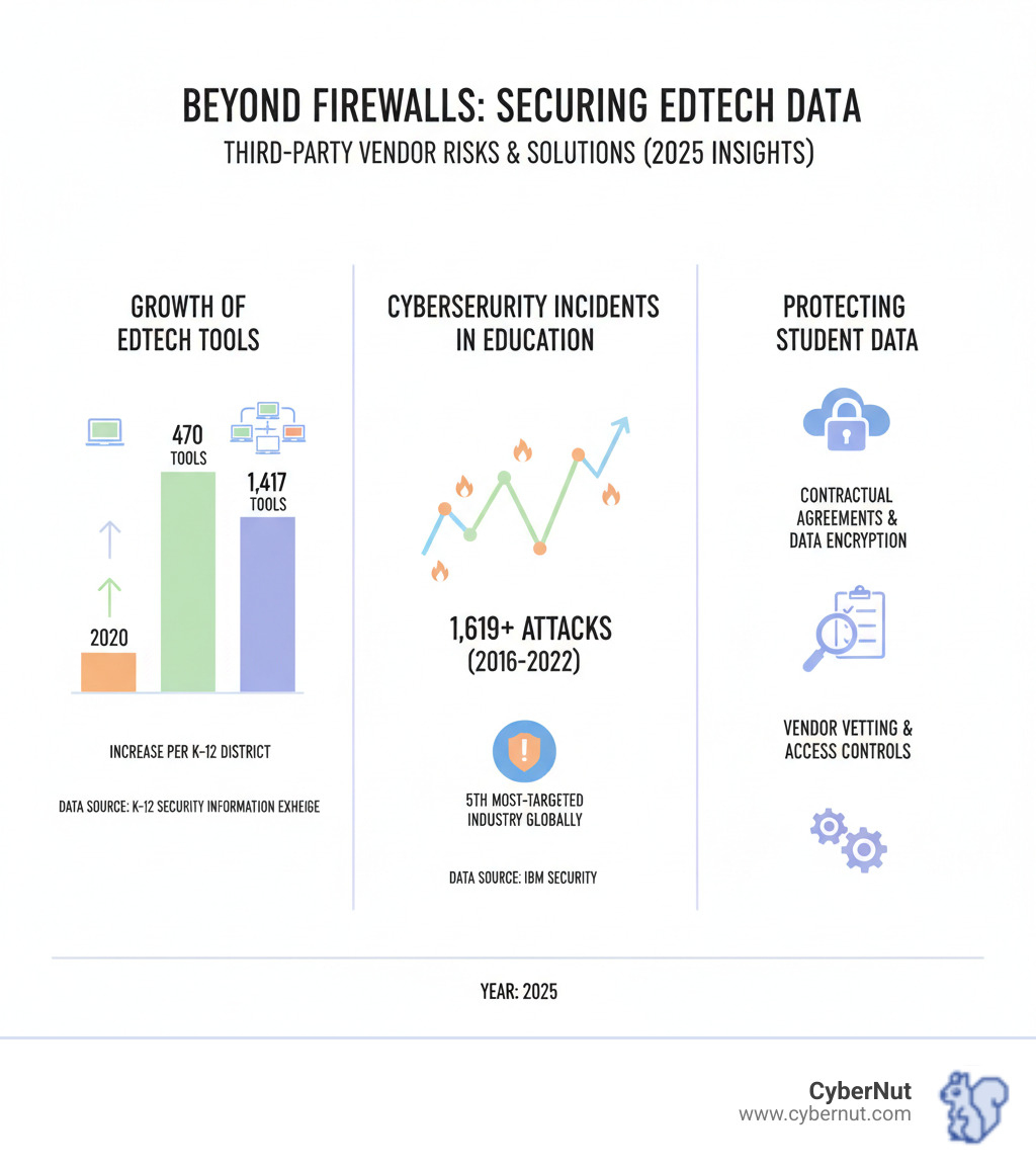 Infographic showing the evolution of EdTech tools in K-12 schools from 2020 to 2024, displaying the increase from approximately 470 tools to 1,417 tools per district, alongside rising cybersecurity incidents targeting the education sector, with statistics showing 1,619 cyberattacks on schools tracked from 2016 to 2022 and the education sector ranking as the fifth most-targeted industry - Beyond Firewalls: How to Secure Data Shared with Third-Party EdTech Vendors infographic 