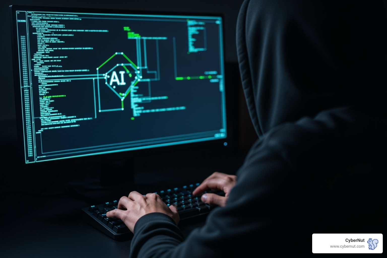 hooded figure at computer with AI-generated code - AI-Powered Cyber Threats in K–12: Why Schools Face Higher Risks in 2025