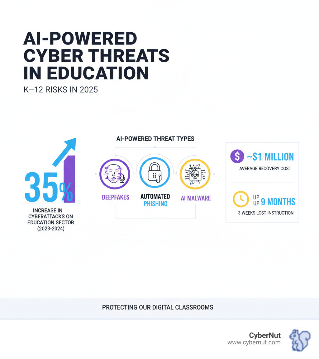 Infographic showing 35% increase in cyberattacks on education sector, breakdown of AI-powered threat types including deepfakes, automated phishing, and malware, plus statistics on recovery costs and time - AI-Powered Cyber Threats in K–12: Why Schools Face Higher Risks in 2025 infographic 