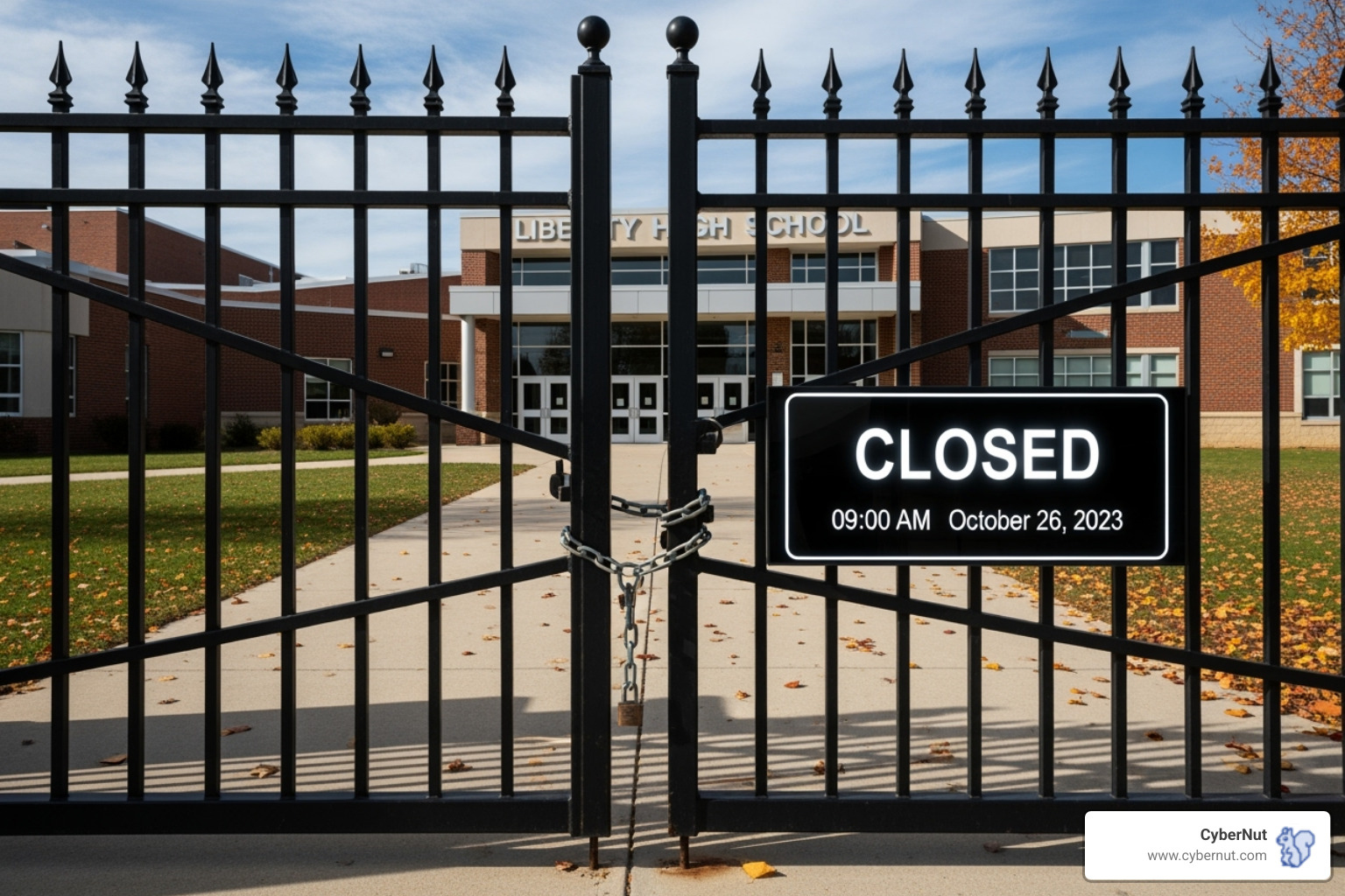 locked school gate with digital "CLOSED" sign - AI-Powered Cyber Threats in K–12: Why Schools Face Higher Risks in 2025