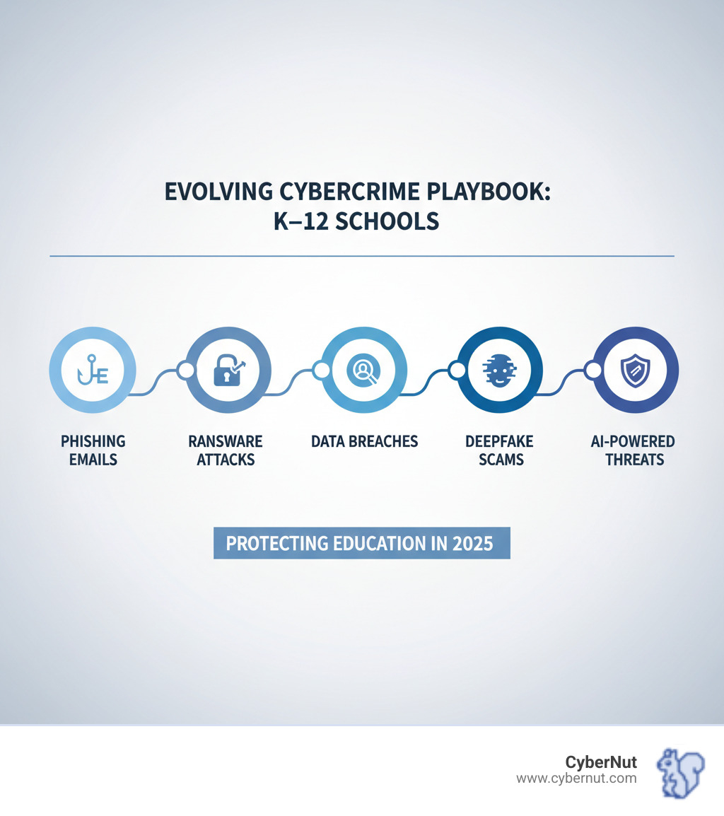 Infographic showing the evolution of cyber threats against K-12 schools from 2015-2025, displaying the progression from basic email phishing with poor grammar to sophisticated AI-powered deepfake attacks, ransomware-as-a-service, and student insider threats, with statistics showing the 82% incident rate and average costs - From Phishing to Deepfakes: The Evolving Cybercrime Playbook Targeting K–12 Schools infographic infographic-line-5-steps-dark