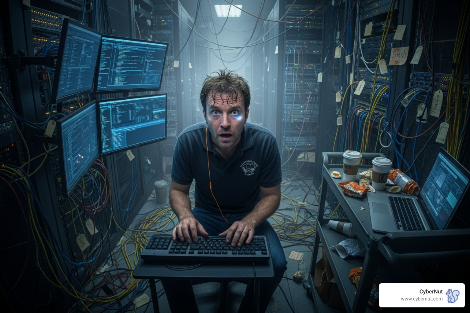 overwhelmed IT professional in a school server room - From Phishing to Deepfakes: The Evolving Cybercrime Playbook Targeting K–12 Schools
