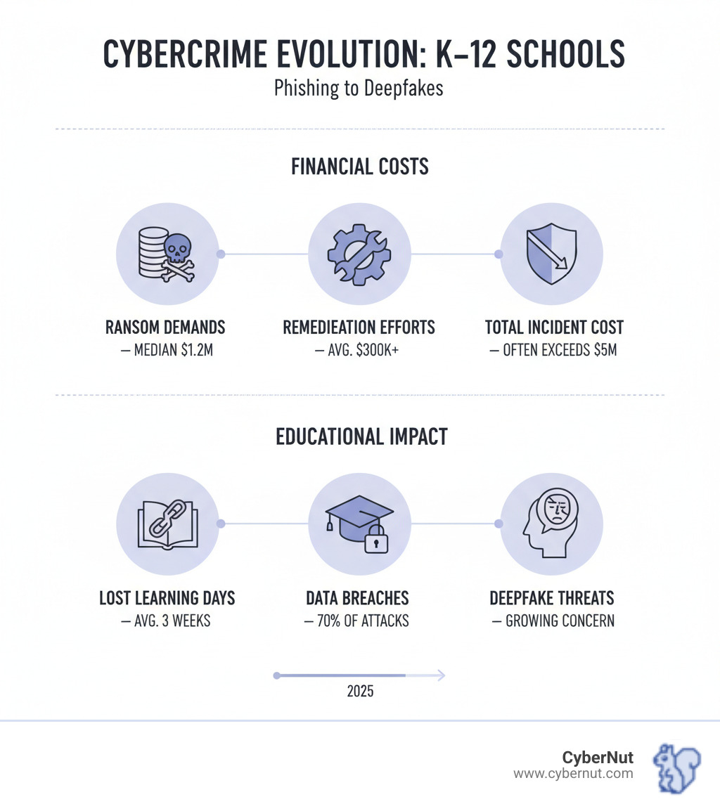 Infographic showing the average financial and educational costs of cyberattacks on K-12 schools, including ransom demands, remediation costs, and lost learning days - From Phishing to Deepfakes: The Evolving Cybercrime Playbook Targeting K–12 Schools infographic 
