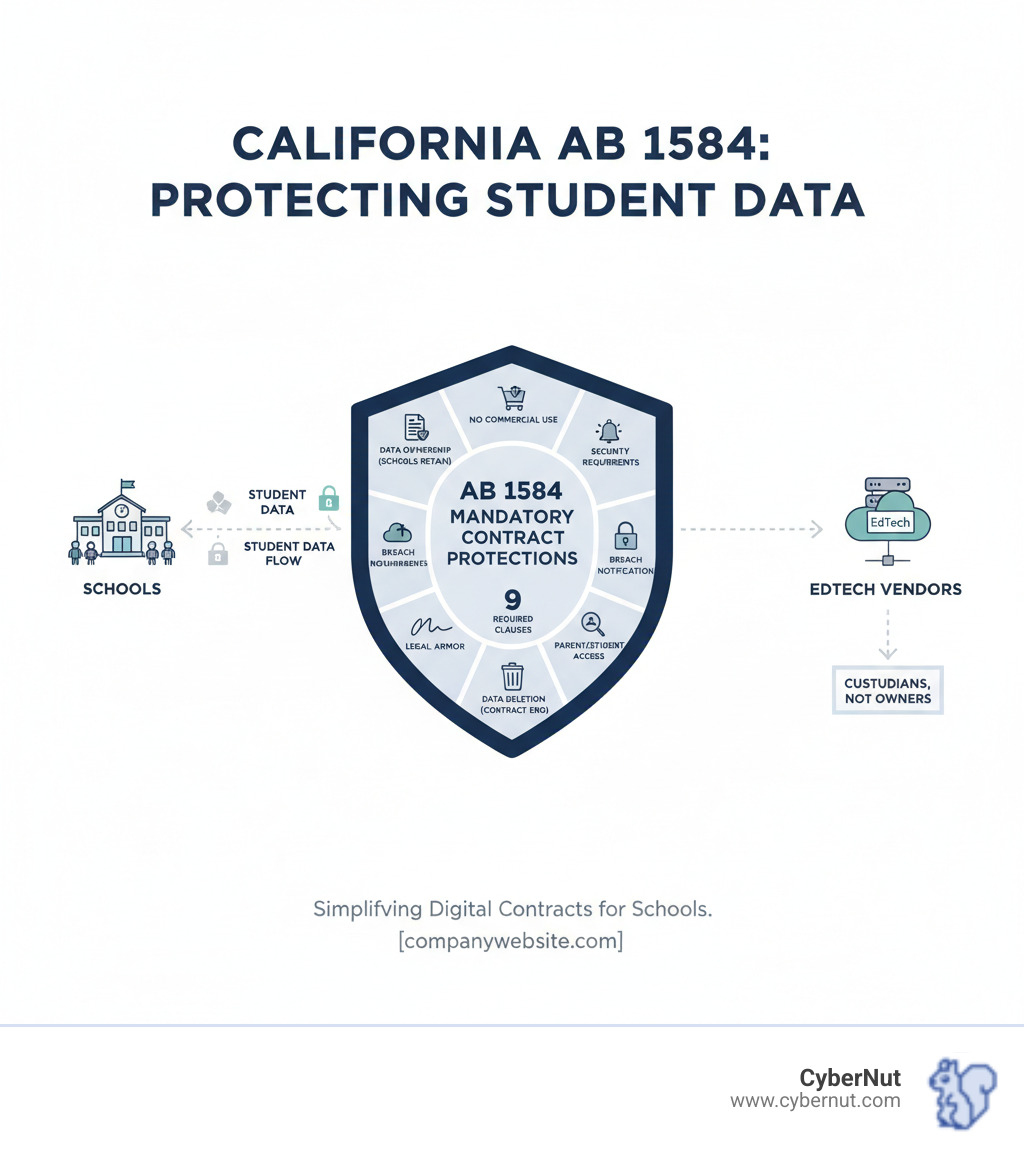 Infographic showing the flow of student data from schools through EdTech vendors, with AB 1584's nine mandatory contract protections creating security barriers at each step, including data ownership retention by schools, prohibition of commercial use, security requirements, breach notification protocols, and data deletion upon contract termination - California’s AB 1584: What Schools Must Know About Digital Contracts with EdTech Vendors infographic 