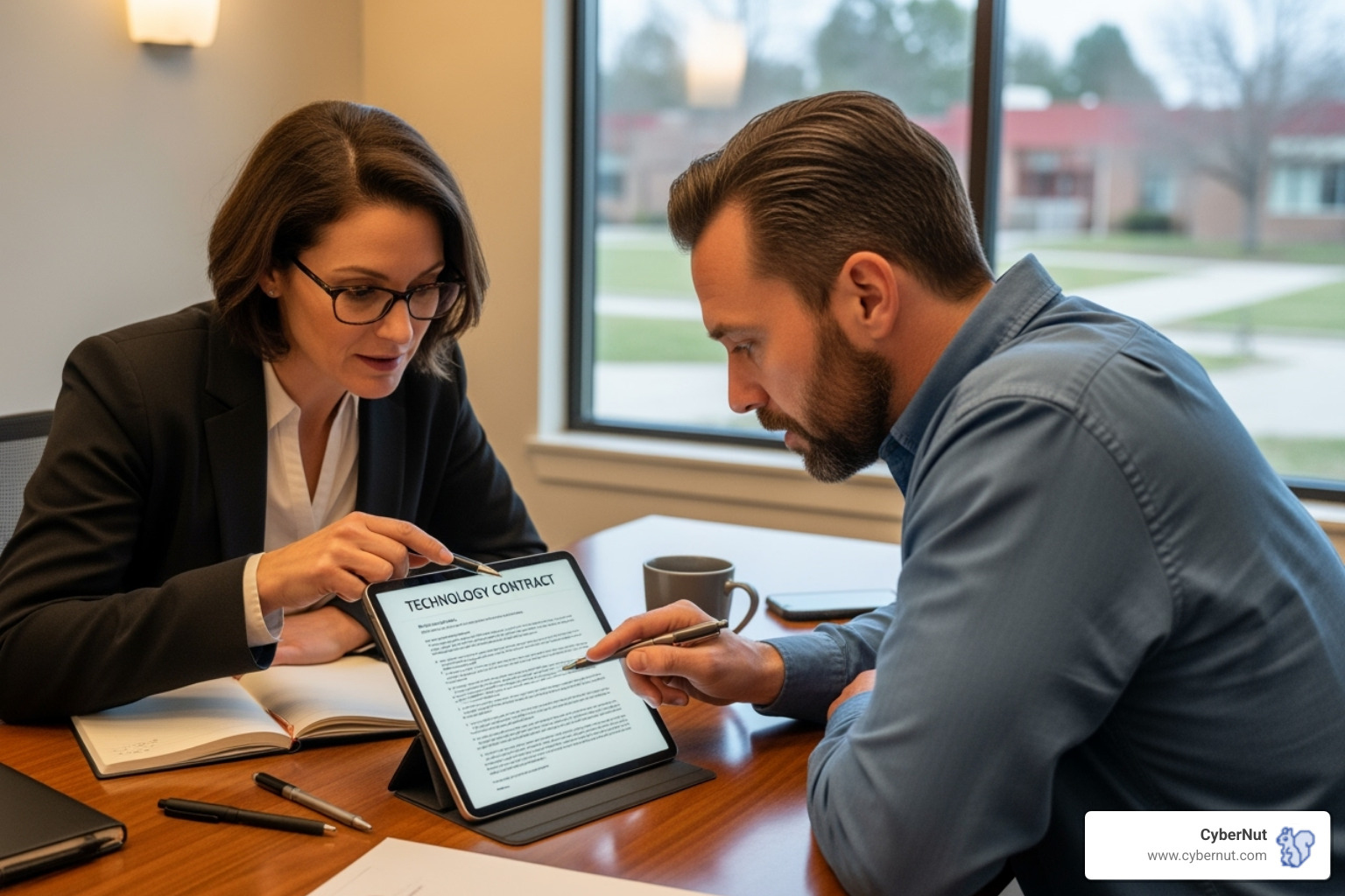 School administrator and IT director reviewing a technology contract on a tablet - What to Know About California's SB 1177 (SOPIPA Expansion) and Its Impact on K–12 Schools