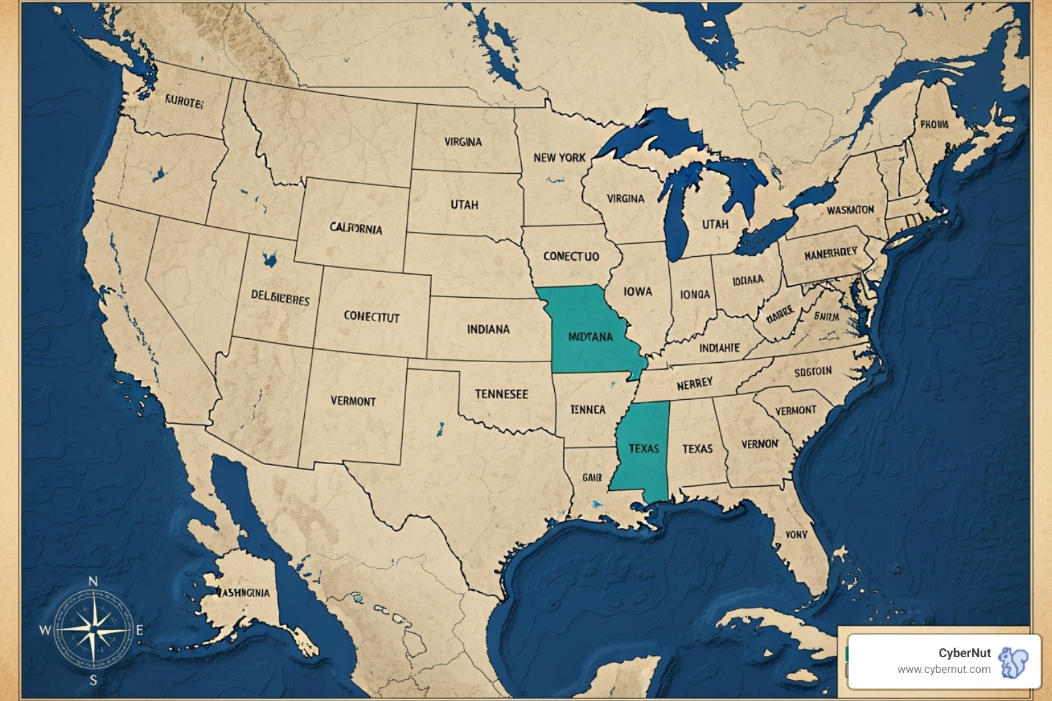 Map of the United States with California and other states with similar laws highlighted - What to Know About California's SB 1177 (SOPIPA Expansion) and Its Impact on K–12 Schools