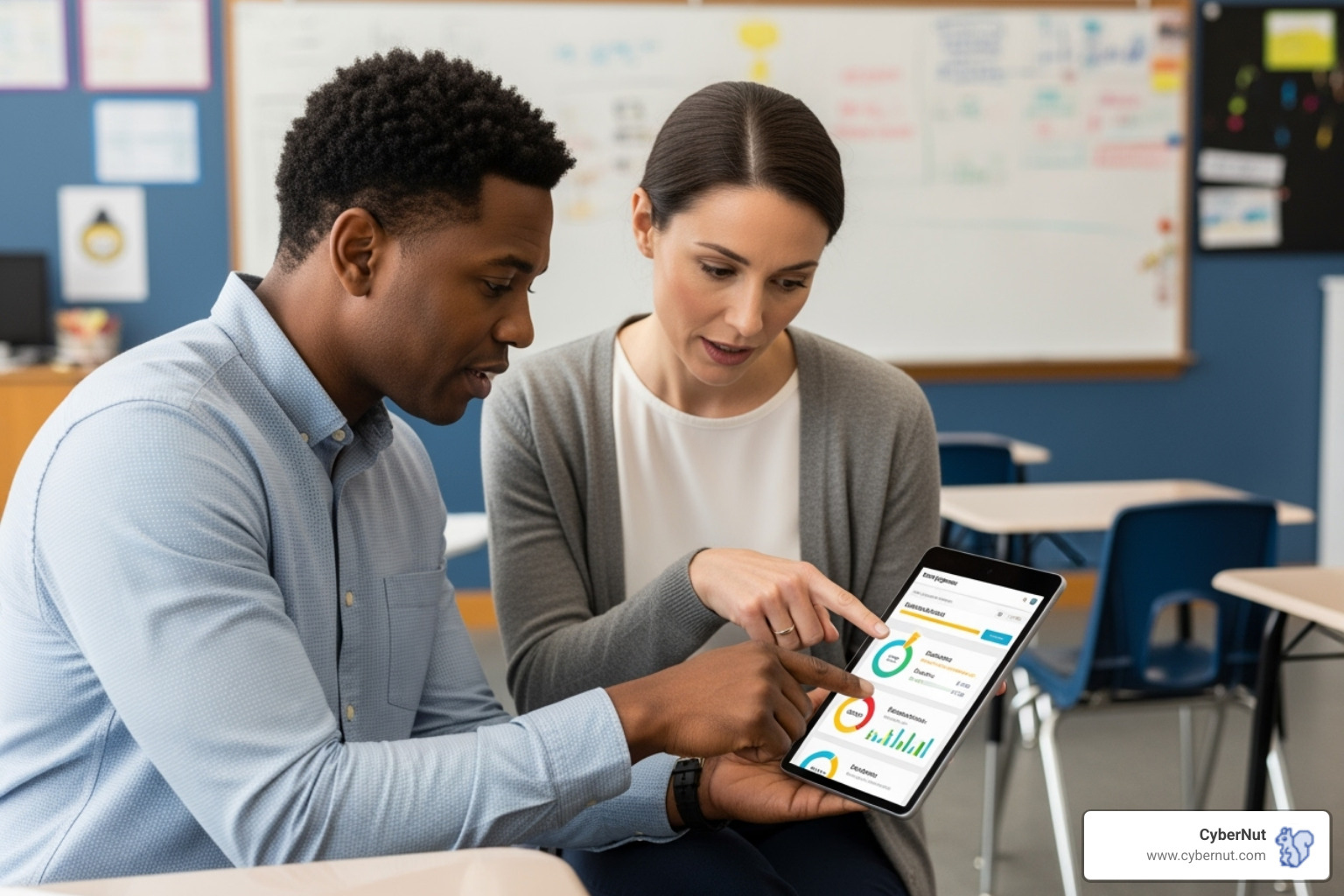 Image of a parent and teacher looking at a tablet together - Texas SB 1792 Explained: Strengthening Student Data Privacy in the Classroom