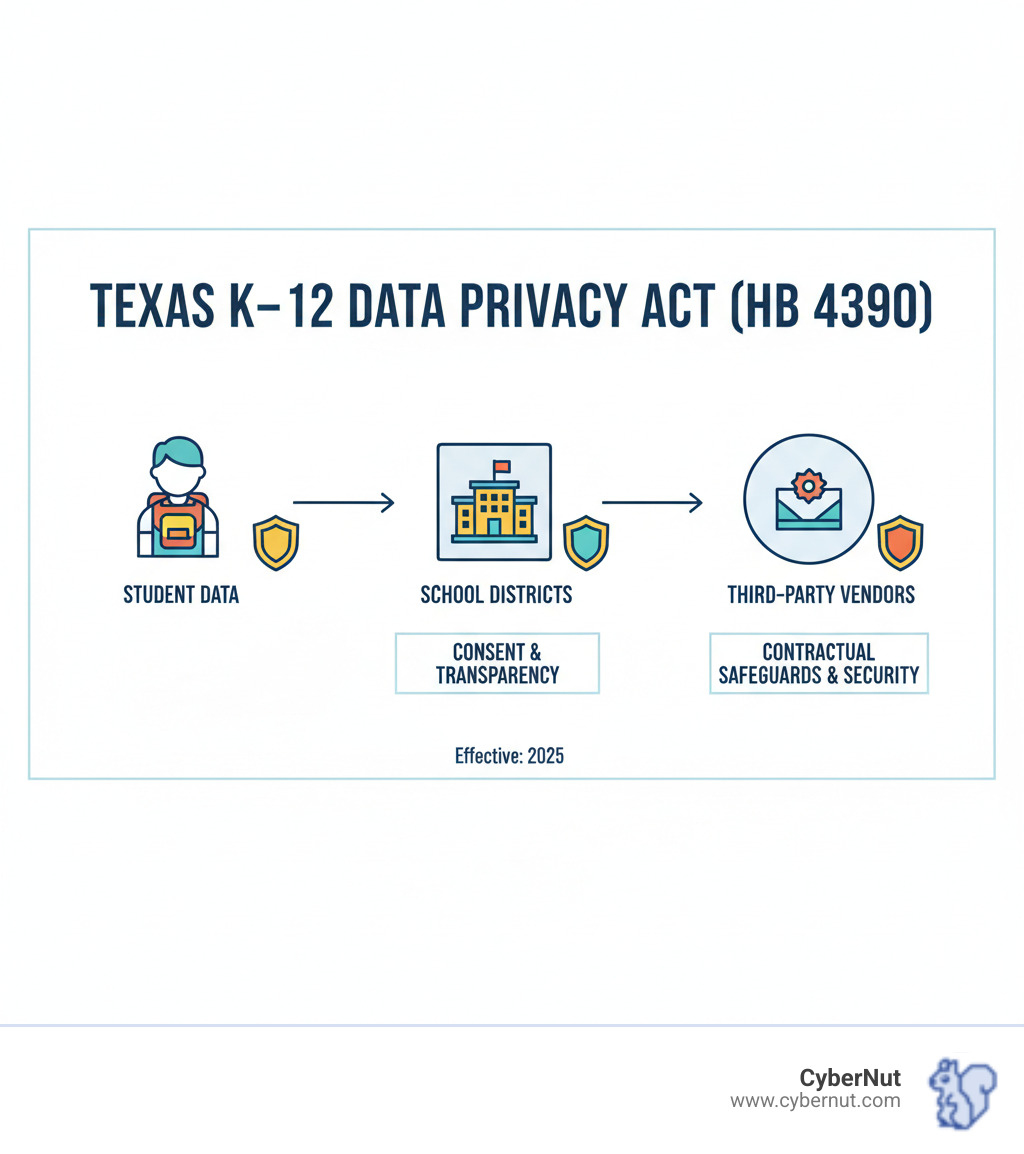 Flowchart showing data moving from a student to a school to a third-party vendor, with privacy safeguards at each stage - What to Know About the Texas Privacy Protection Act (HB 4390) for K–12 Districts