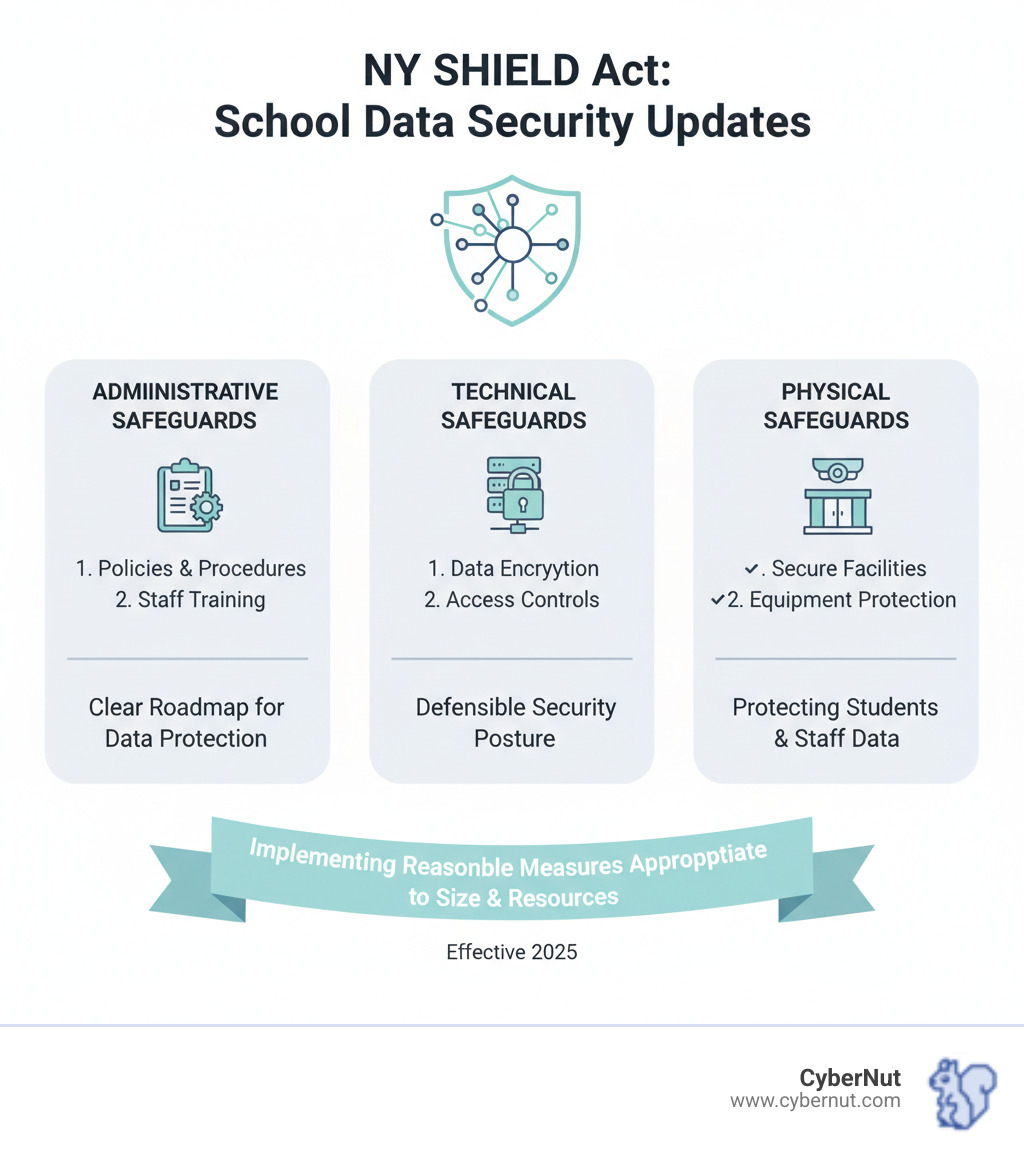 Infographic showing the three pillars of SHIELD Act compliance for schools: Administrative safeguards including security coordinator designation and staff training, Technical safeguards including encryption and intrusion detection, and Physical safeguards including facility access controls and secure disposal. The infographic also displays the 30-day breach notification timeline and penalty amounts of up to $5,000 per security violation and $250,000 for notification failures - All About New York’s Stop Hacks and Improve Electronic Data Security (SHIELD) Updates for Schools infographic infographic-line-3-steps-elegant_beige
