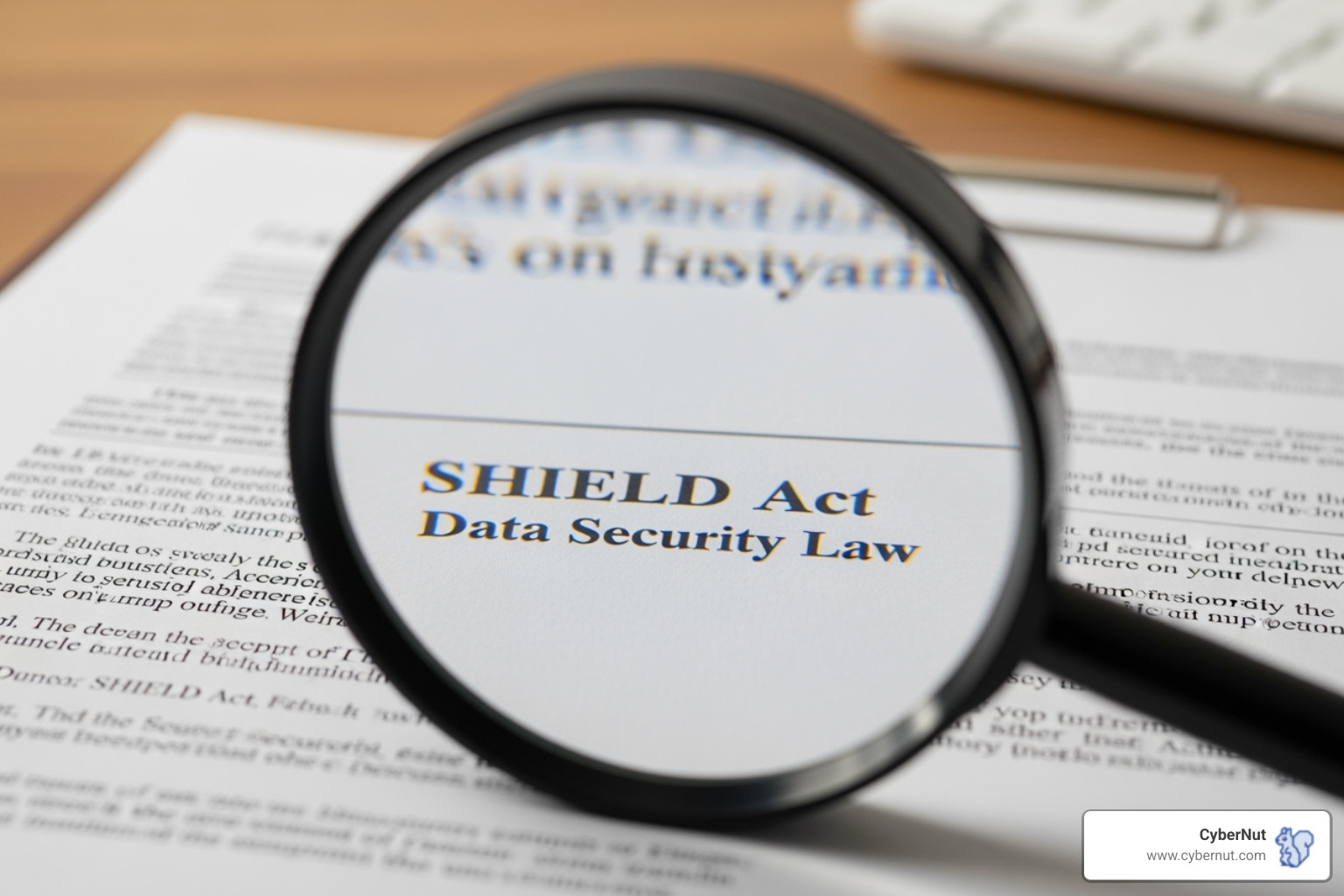 Magnifying glass over SHIELD Act document - All About New York's Stop Hacks and Improve Electronic Data Security (SHIELD) Updates for Schools