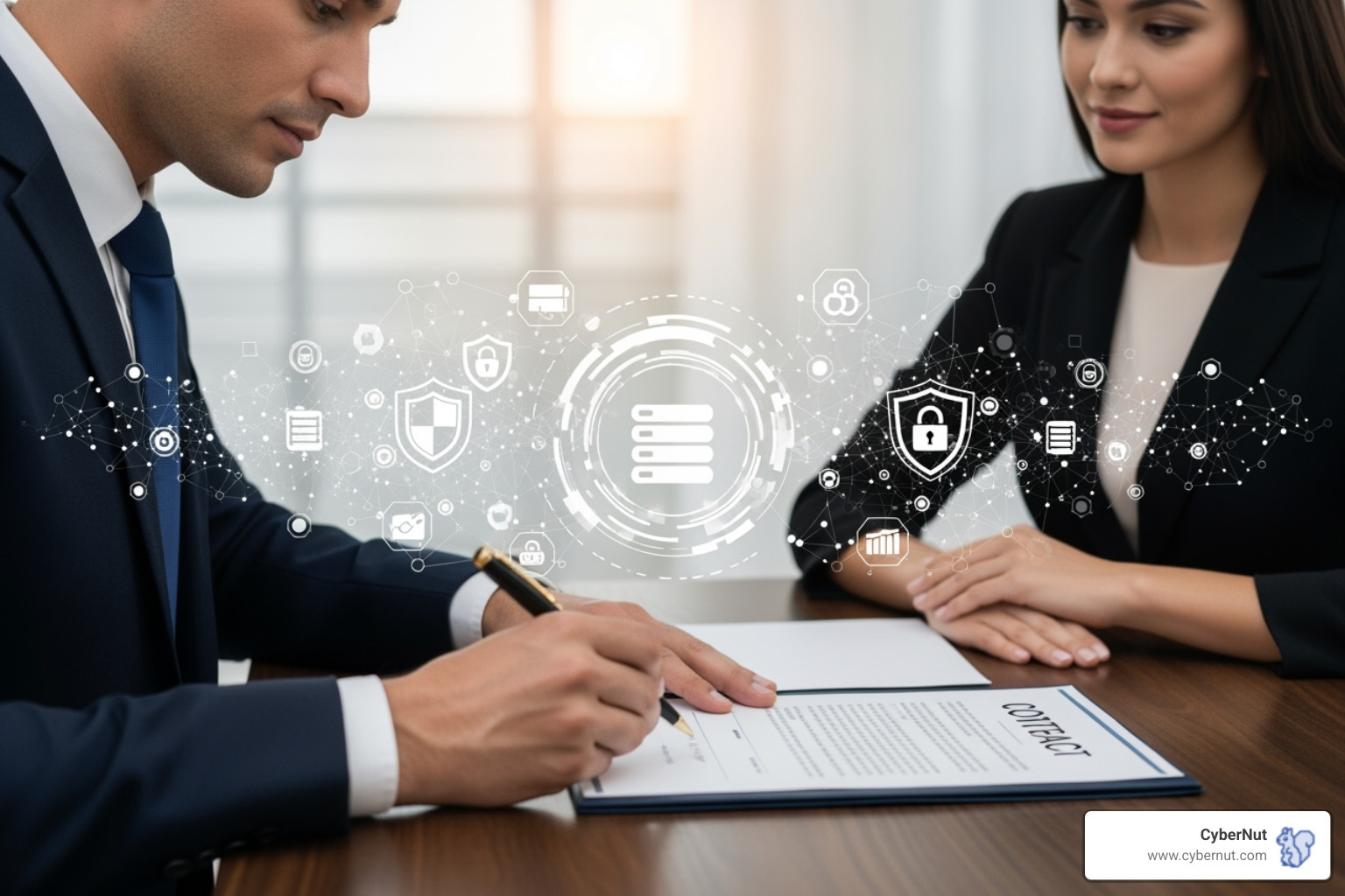 Two parties signing a contract with data security icons in the background - What to Know About NY Education Law § 2-c: Vendor Contracts and Student Data Use