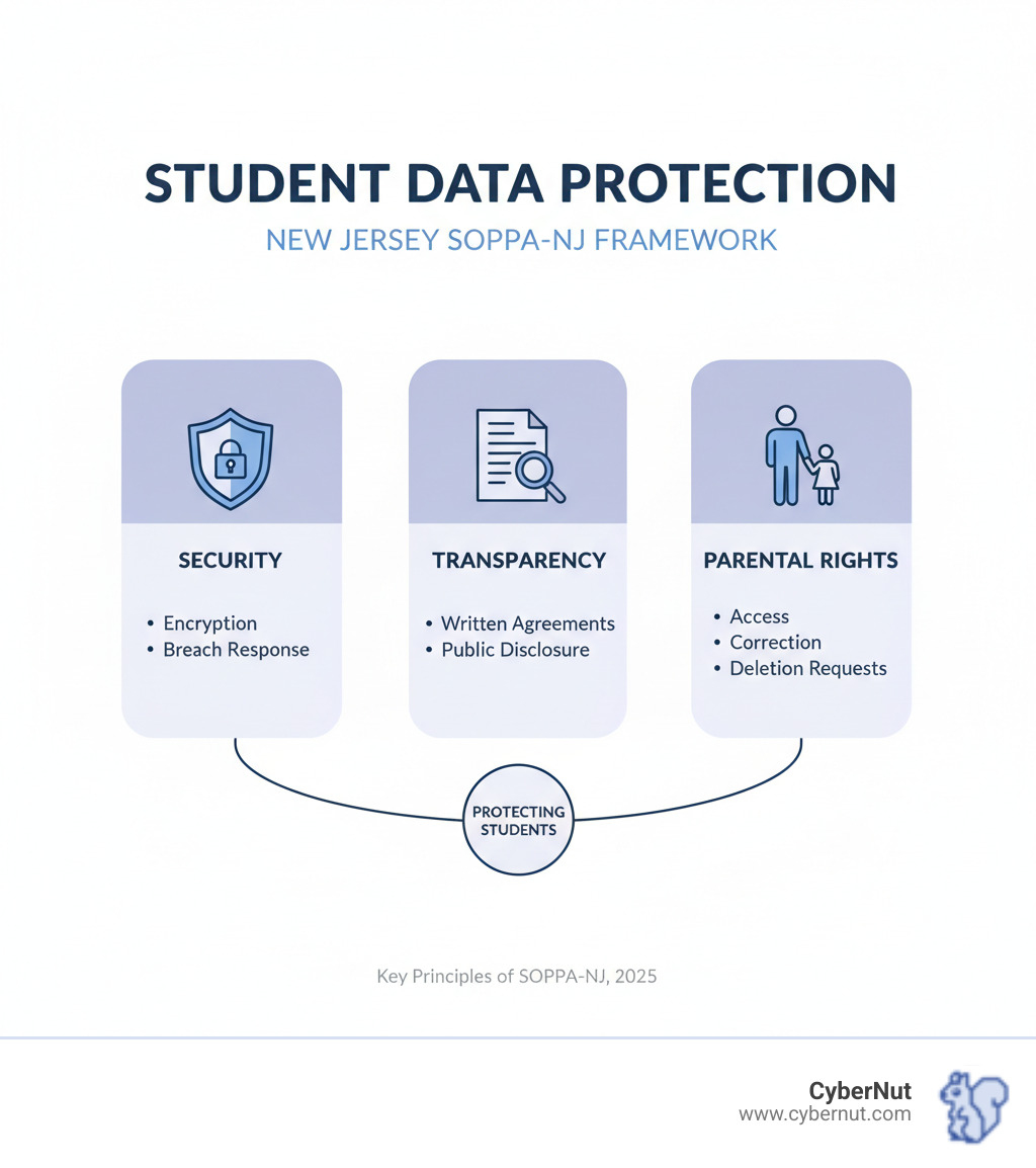 infographic showing three pillars of student data protection: Security (with shield icon and lock), Transparency (with document and magnifying glass), and Parental Rights (with parent and child icon). Each pillar lists key requirements: Security includes encryption and breach response; Transparency includes written agreements and public disclosure; Parental Rights includes access, correction, and deletion requests - What to Know About New Jersey’s Student Online Privacy Protection Act (SOPPA-NJ) infographic 