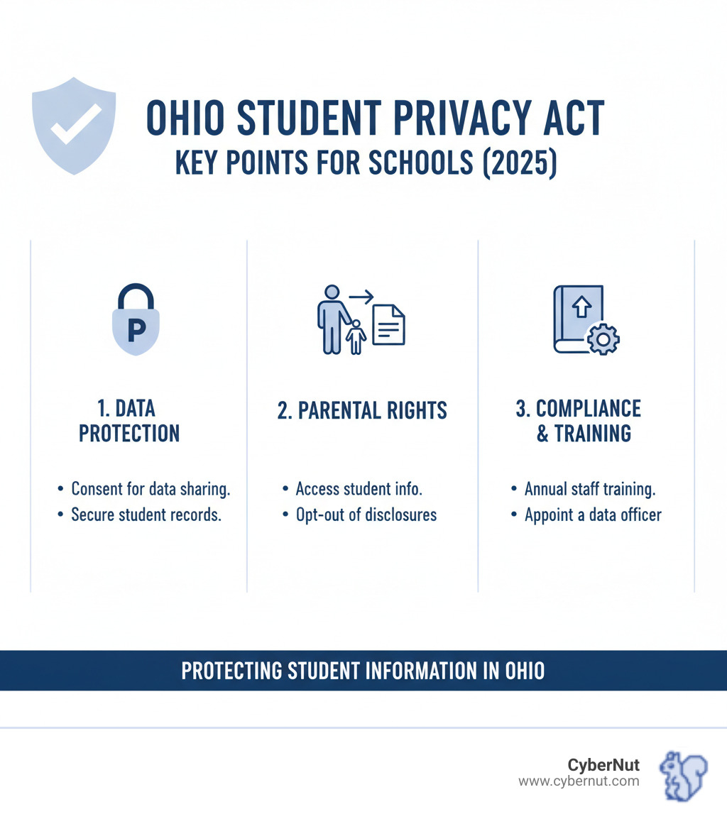 Infographic showing the three pillars of SB 29 compliance: Technology Partner Contracts (requiring data security safeguards, sole school ownership of records, and 90-day data deletion after contract ends), Device Monitoring Restrictions (prohibiting location tracking, audio/visual monitoring, and keystroke logging except for educational purposes, safety threats, or legal compliance), and Parent Notification Requirements (annual notice by August 1st listing all technology contracts affecting student records, 72-hour notices when monitoring occurs under exceptions, and opportunity to inspect contracts) - What Ohio Schools Should Know About the Ohio Student Privacy Act infographic 