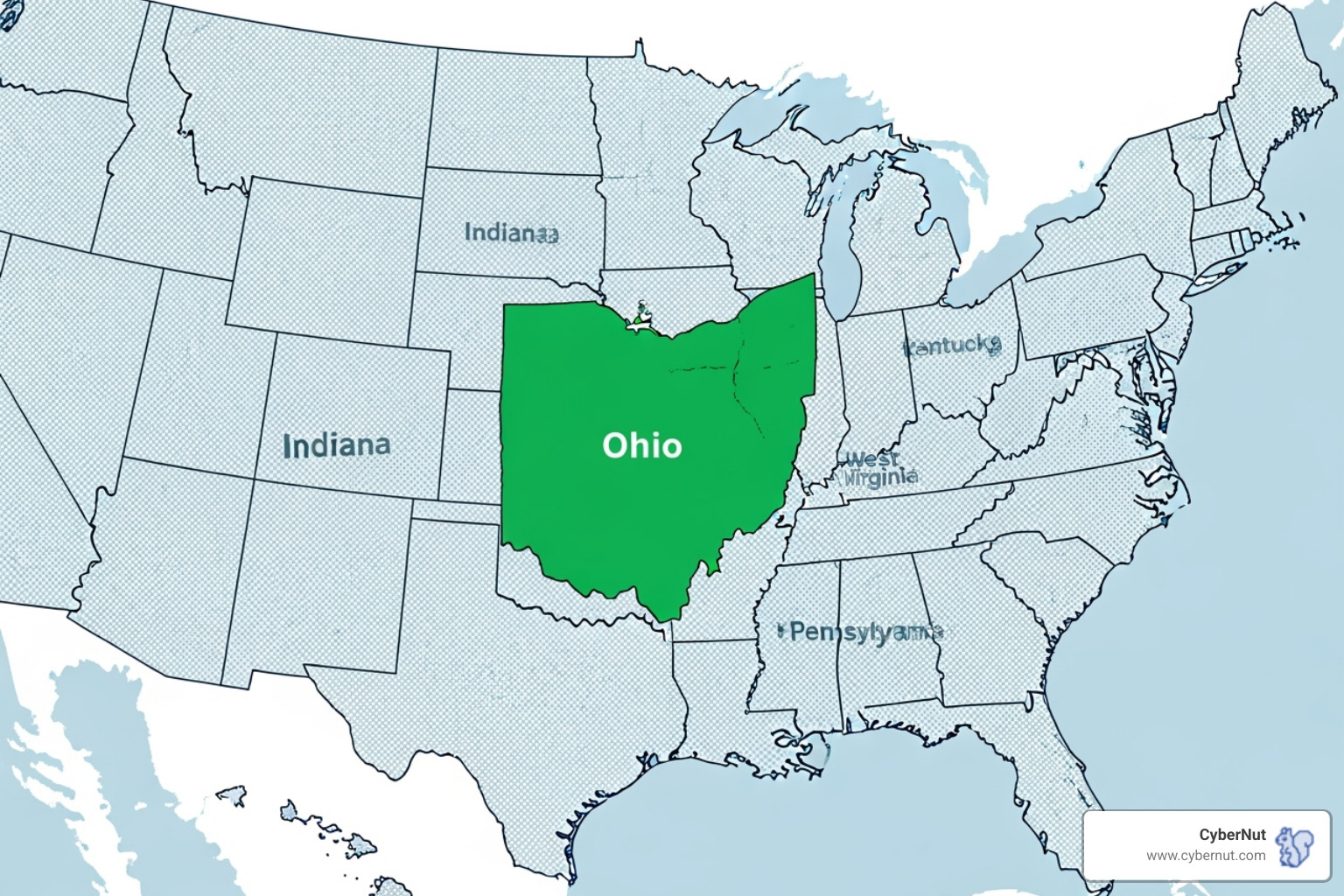 A map of the United States with Ohio highlighted, showing the surrounding states and their varied cybersecurity laws - Ohio Cybersecurity Safeguards Law (HB 166)