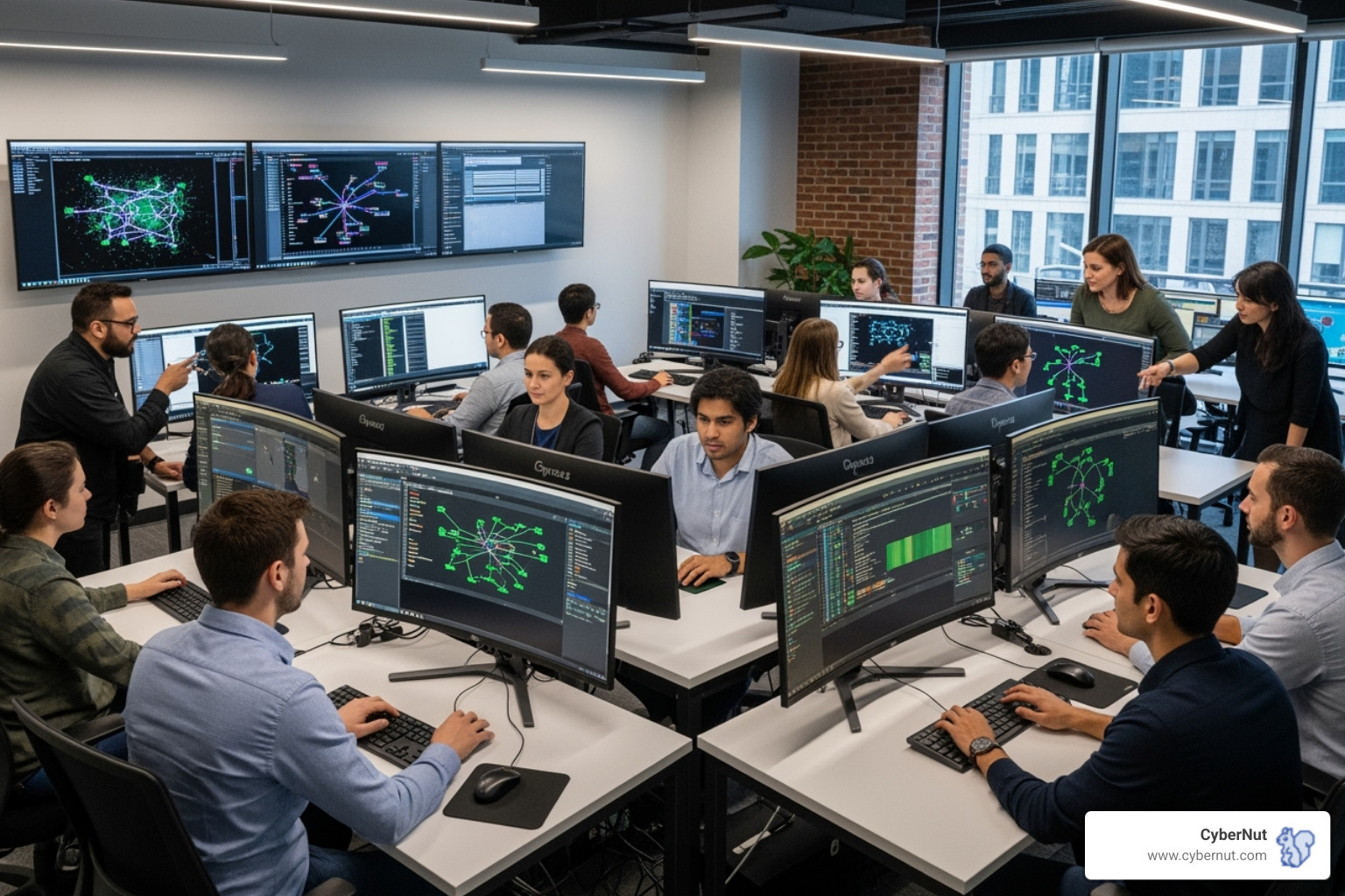 A modern computer lab or server room representing a cyber range with students and professionals - Ohio Cybersecurity Safeguards Law (HB 166)