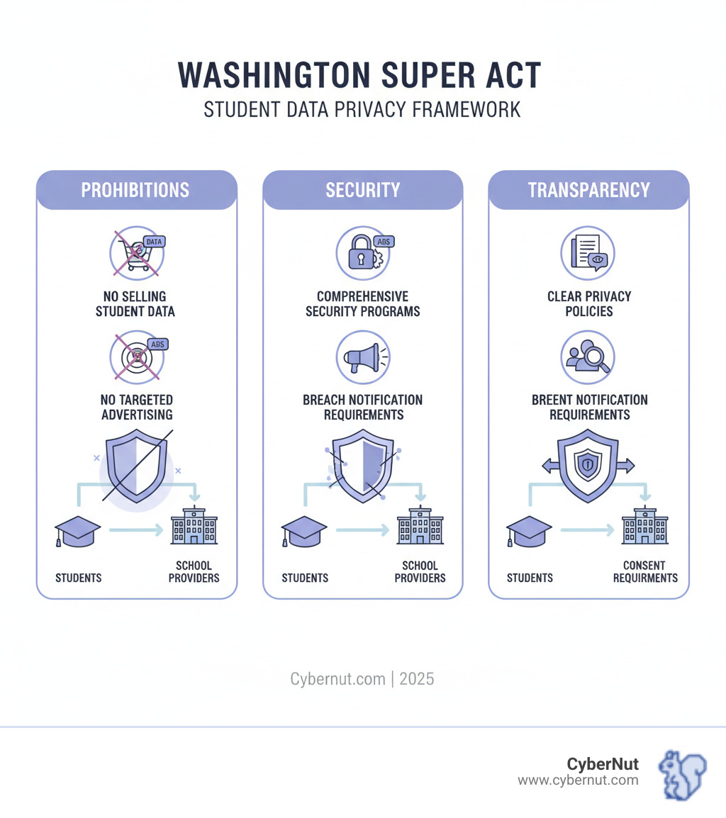 Infographic showing the three key pillars of the Washington SUPER Act: 1) Prohibitions pillar with icons for no selling student data, no targeted advertising, and no commercial profiling; 2) Security pillar with icons for comprehensive security programs, data encryption, and breach notification requirements; 3) Transparency pillar with icons for clear privacy policies, parent access rights, and consent requirements. Each pillar includes visual representation of data flowing from students through school service providers with appropriate protections in place. - Washington Student User Privacy in Education Rights (SUPER) Act infographic 