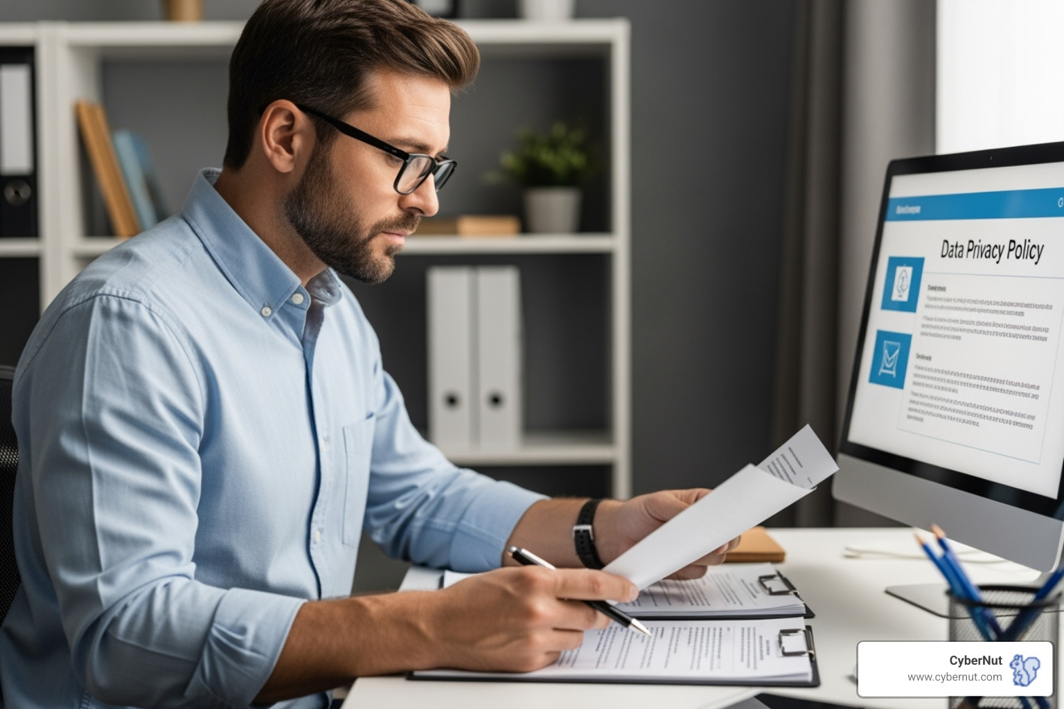 school administrator reviewing data privacy policy - Washington Consumer Data Privacy Act (Drafted, referenced as guideline)
