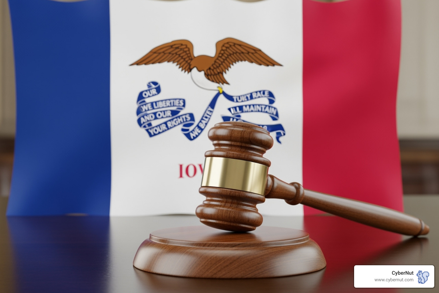 A gavel in front of the Iowa state flag - Iowa Code § 715C.2 (Data Breach Notification Law) A gavel in front of the Iowa state flag - Iowa Code § 715C.2 (Data Breach Notification Law)