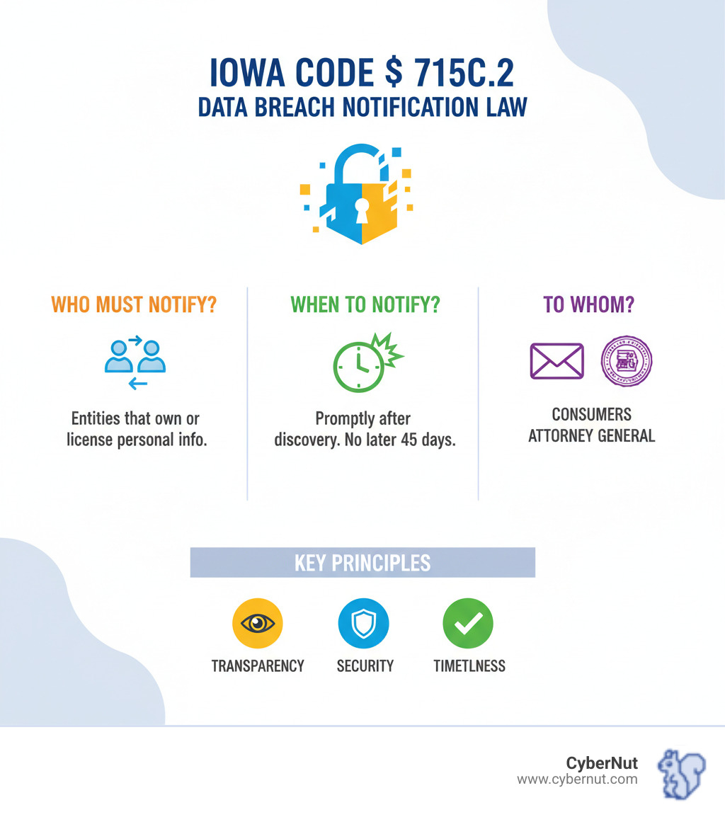 Infographic showing the 5-step data breach notification process: 1) Discover the breach and assess scope, 2) Determine if personal information was compromised, 3) Notify affected consumers without unreasonable delay, 4) Notify Iowa Attorney General if 500+ residents affected within 5 business days, 5) Document all actions and maintain records for 5 years - Iowa Code § 715C.2 (Data Breach Notification Law) infographic  Infographic showing the 5-step data breach notification process: 1) Discover the breach and assess scope, 2) Determine if personal information was compromised, 3) Notify affected consumers without unreasonable delay, 4) Notify Iowa Attorney General if 500+ residents affected within 5 business days, 5) Document all actions and maintain records for 5 years - Iowa Code § 715C.2 (Data Breach Notification Law) infographic