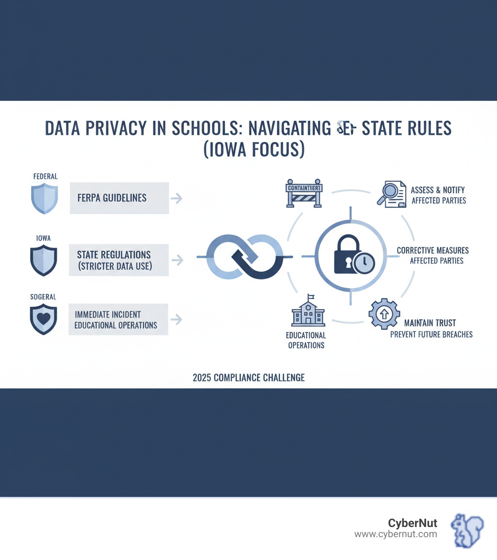 Infographic showing Iowa school data breach response timeline: Immediate containment and assessment within 24 hours, notification to affected parties within 10-14 days depending on jurisdiction, reporting to state chief privacy officer or Department of Education within 10 days of discovery, root cause investigation and remediation within 30-45 days, and ongoing monitoring and staff training as continuous activities - FERPA (state implementation emphasis) infographic  Infographic showing Iowa school data breach response timeline: Immediate containment and assessment within 24 hours, notification to affected parties within 10-14 days depending on jurisdiction, reporting to state chief privacy officer or Department of Education within 10 days of discovery, root cause investigation and remediation within 30-45 days, and ongoing monitoring and staff training as continuous activities - FERPA (state implementation emphasis) infographic