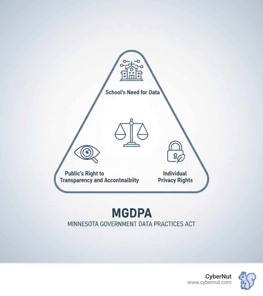 Infographic showing the MGDPA's three-way balance: a triangle with "School's Need for Data" at the top point, "Public's Right to Transparency and Accountability" at the bottom left point, and "Individual Privacy Rights" at the bottom right point. In the center, the MGDPA logo or text acts as the balancing mechanism. The infographic includes icons for each concept: a school building with data symbols, an eye representing transparency, and a lock representing privacy. - Minnesota Government Data Practices Act (MGDPA) infographic  Infographic showing the MGDPA's three-way balance: a triangle with "School's Need for Data" at the top point, "Public's Right to Transparency and Accountability" at the bottom left point, and "Individual Privacy Rights" at the bottom right point. In the center, the MGDPA logo or text acts as the balancing mechanism. The infographic includes icons for each concept: a school building with data symbols, an eye representing transparency, and a lock representing privacy. - Minnesota Government Data Practices Act (MGDPA) infographic